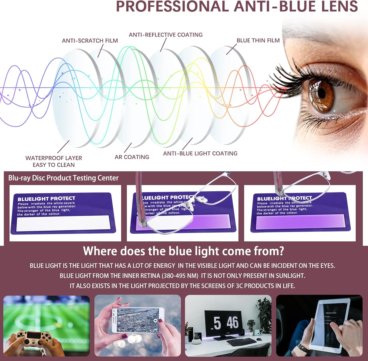 CLASAGA Progressive Multifocus Reading Glasses for Women Men, Blue Light Ladies Computer Reader Metal Half Frame Eyewear