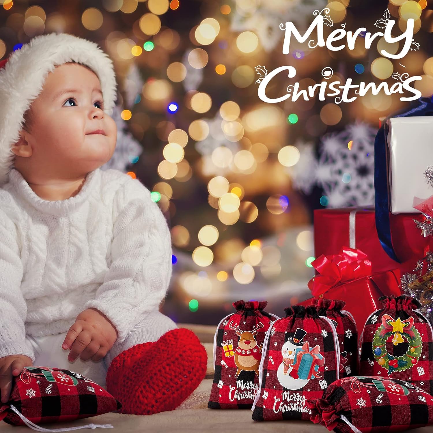 72 bolsas de arpillera con cordón de Navidad, bolsas de regalo de Navidad a cuadros, bolsas de arpillera para dulces de Navidad, pequeñas bolsas de