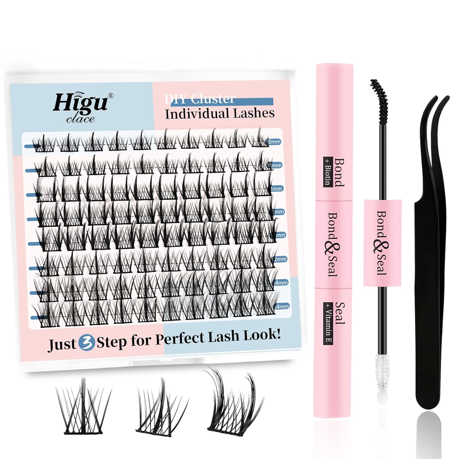 Higu – Kit de extensión de pestañas para bricolaje, 80 racimos de pestañas rizadas D, con unión y sello de pestañas de sujeción fuerte, pinzas