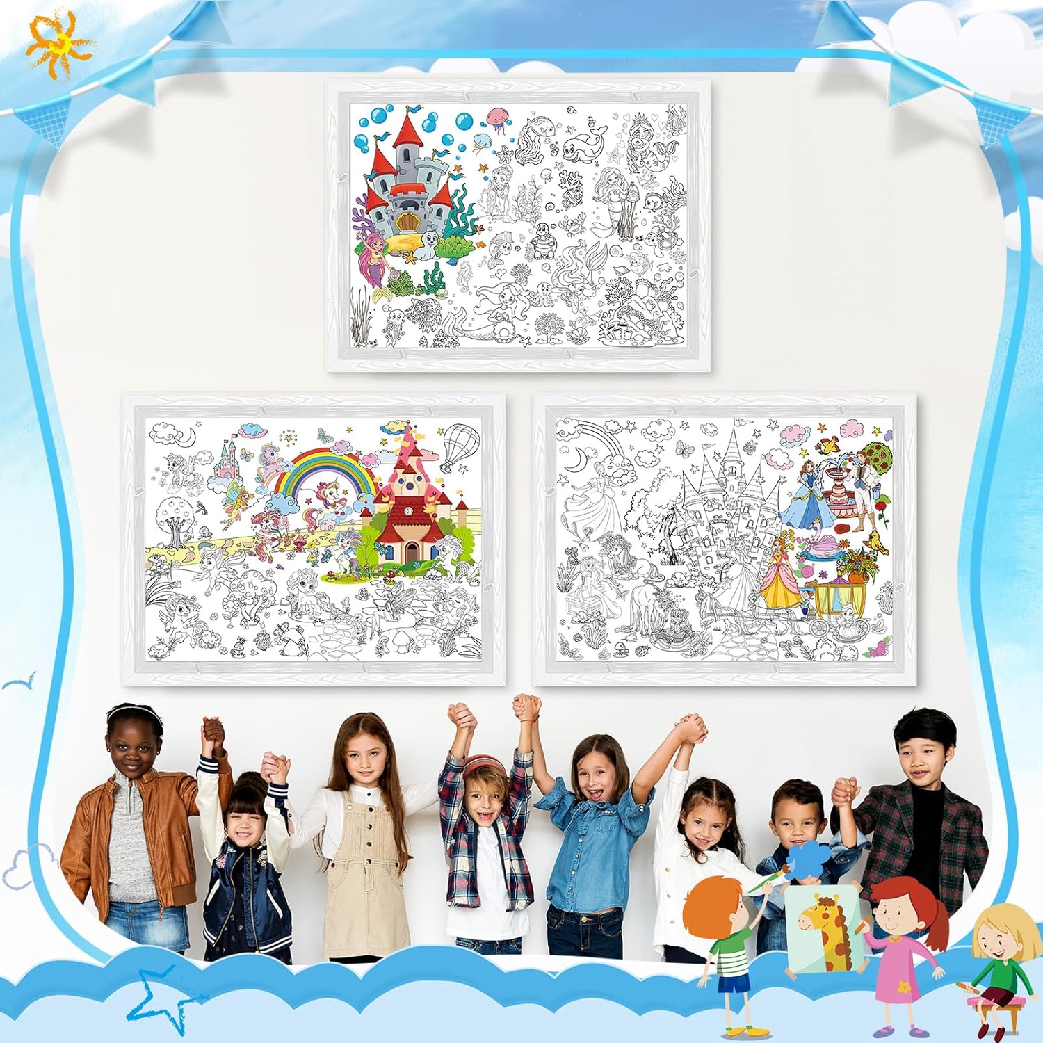 Juego de 3 pósteres gigantes para colorear para niños de 43.3 x 31.5 pulgadas, hojas de mesa grandes para colorear de sirena, unicornio, princesa,