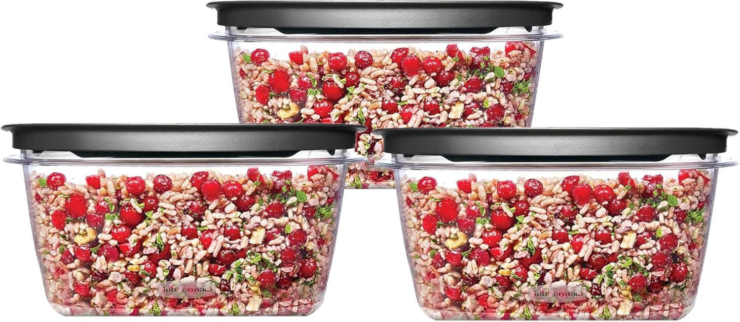 Rubbermaid Premier Flex & Seal Tapas de 14 tazas, juego de almacenamiento de alimentos transparentes para preparación de comidas, juego de 3 piezas