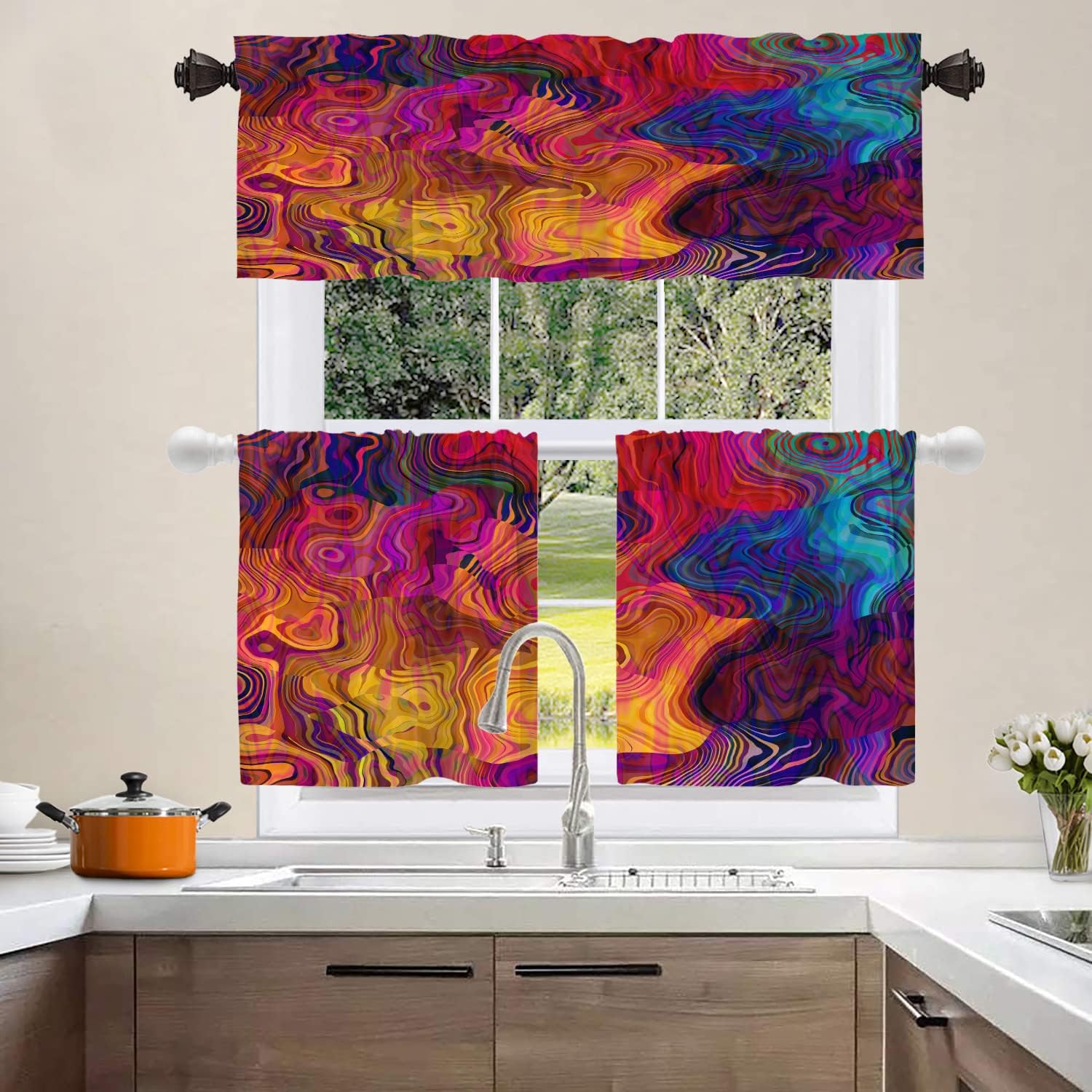 Shrahala Cenefas de cocina de arte abstracto rojo, cortinas coloridas de media ventana, tratamiento de ventana de poliéster multicapa para sala de