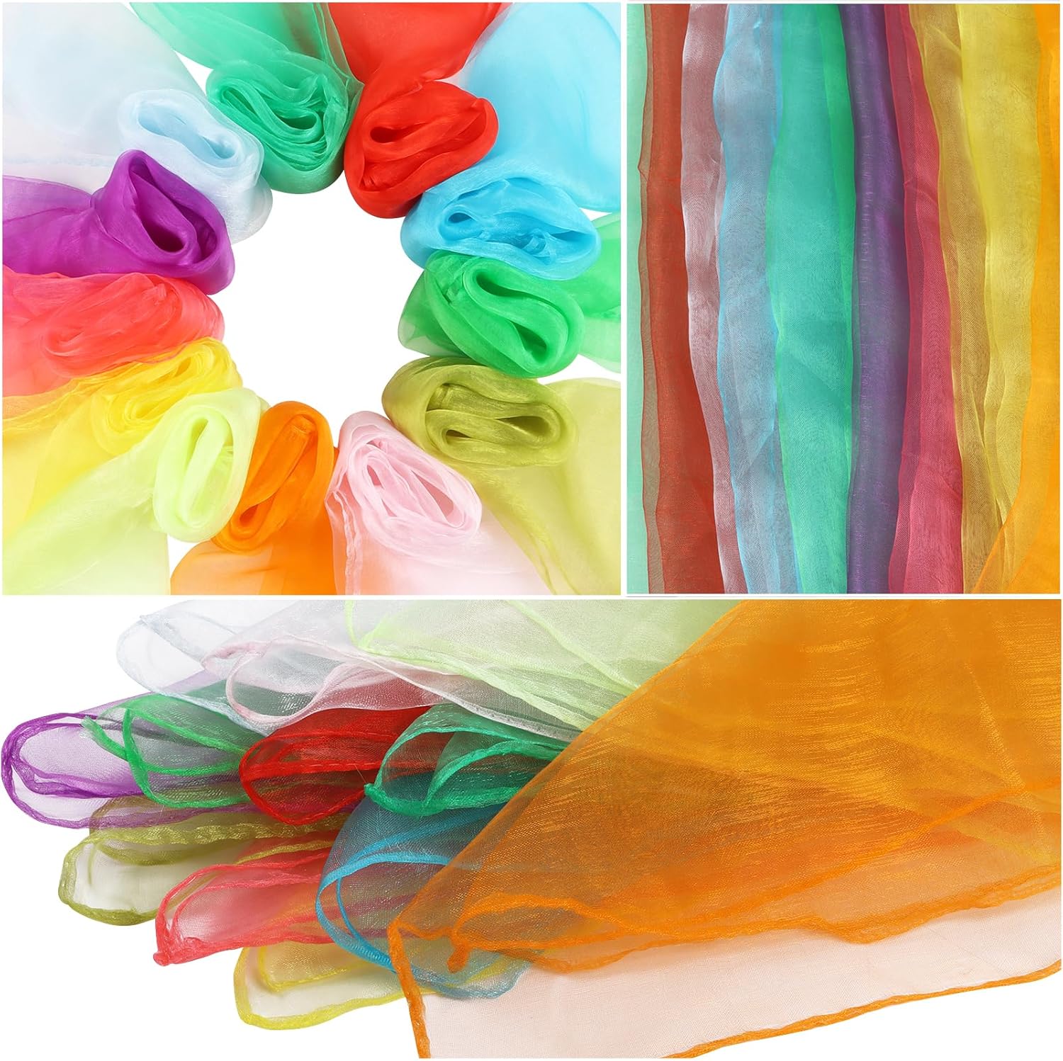 KIMOBER 12 bufandas cuadradas de baile, 12 colores malabares de seda, trucos de magia de música, accesorios para niños pequeños (24 x 24 pulgadas)