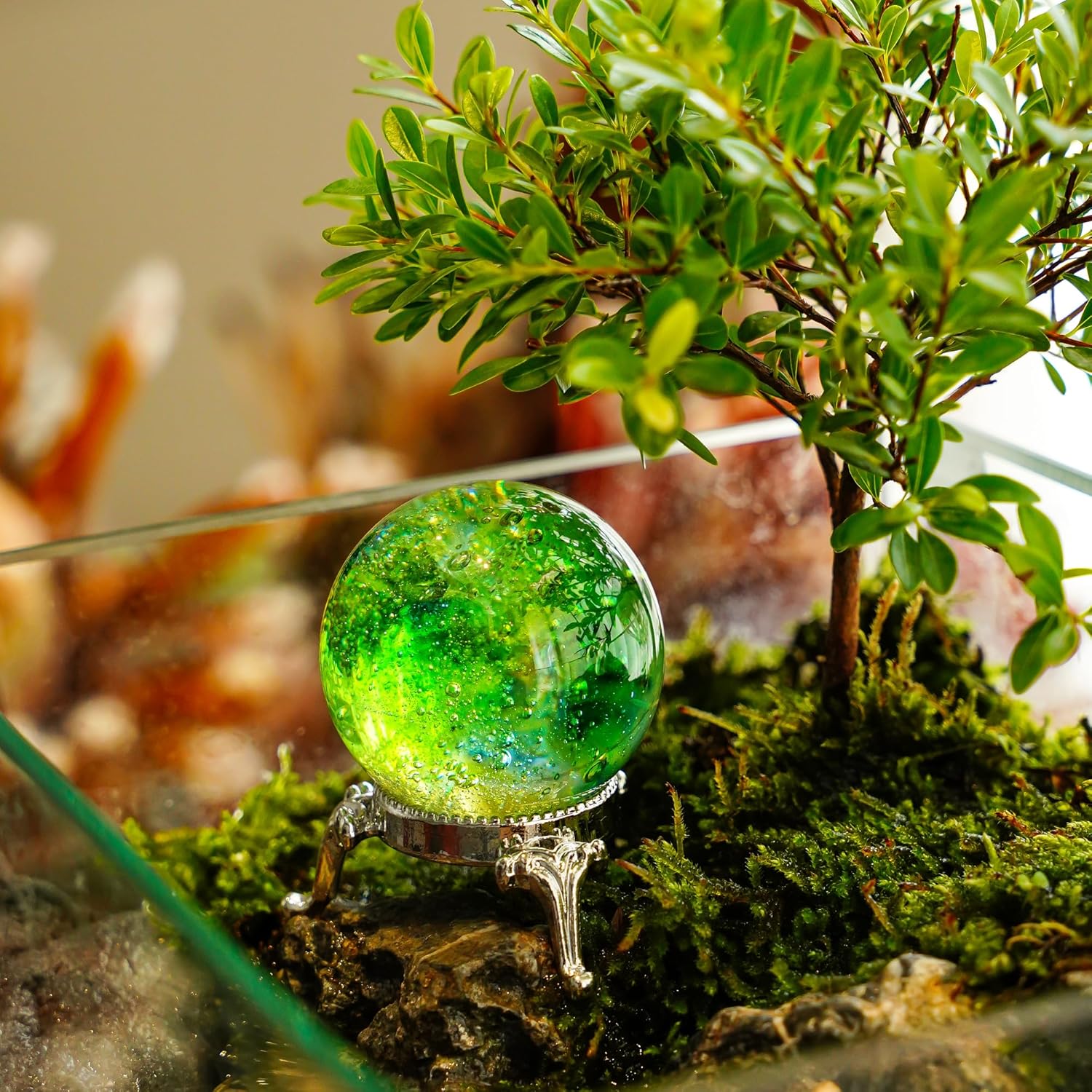 Bola de cristal verde de 1.575 pulgadas con soporte de cristal curativo para decoración del día de San Valentín