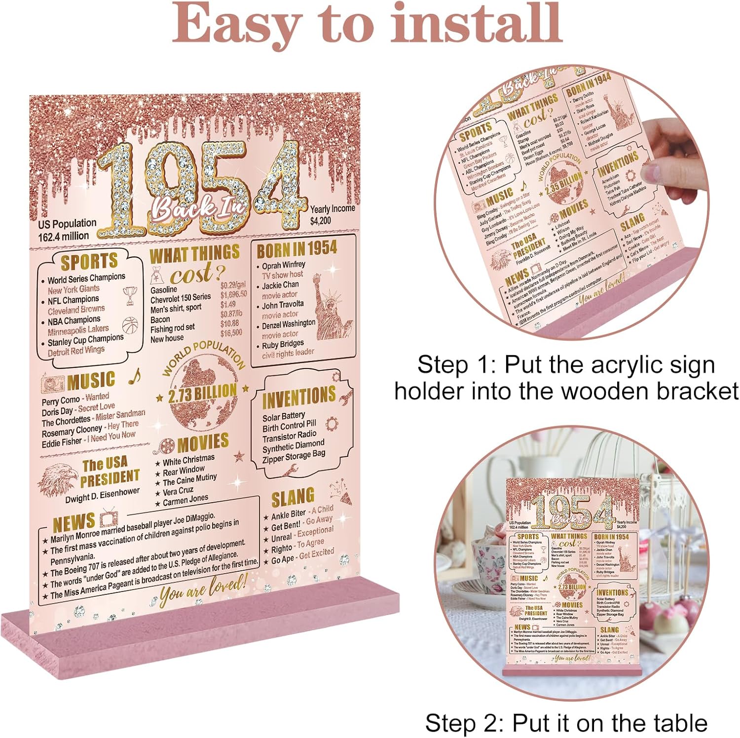 Bumqviy Letrero de mesa con texto en inglés Back in 1954 para mujer, con texto en inglés Back in 1954, Happy 70th Birthday y Back in 1954 (Back in