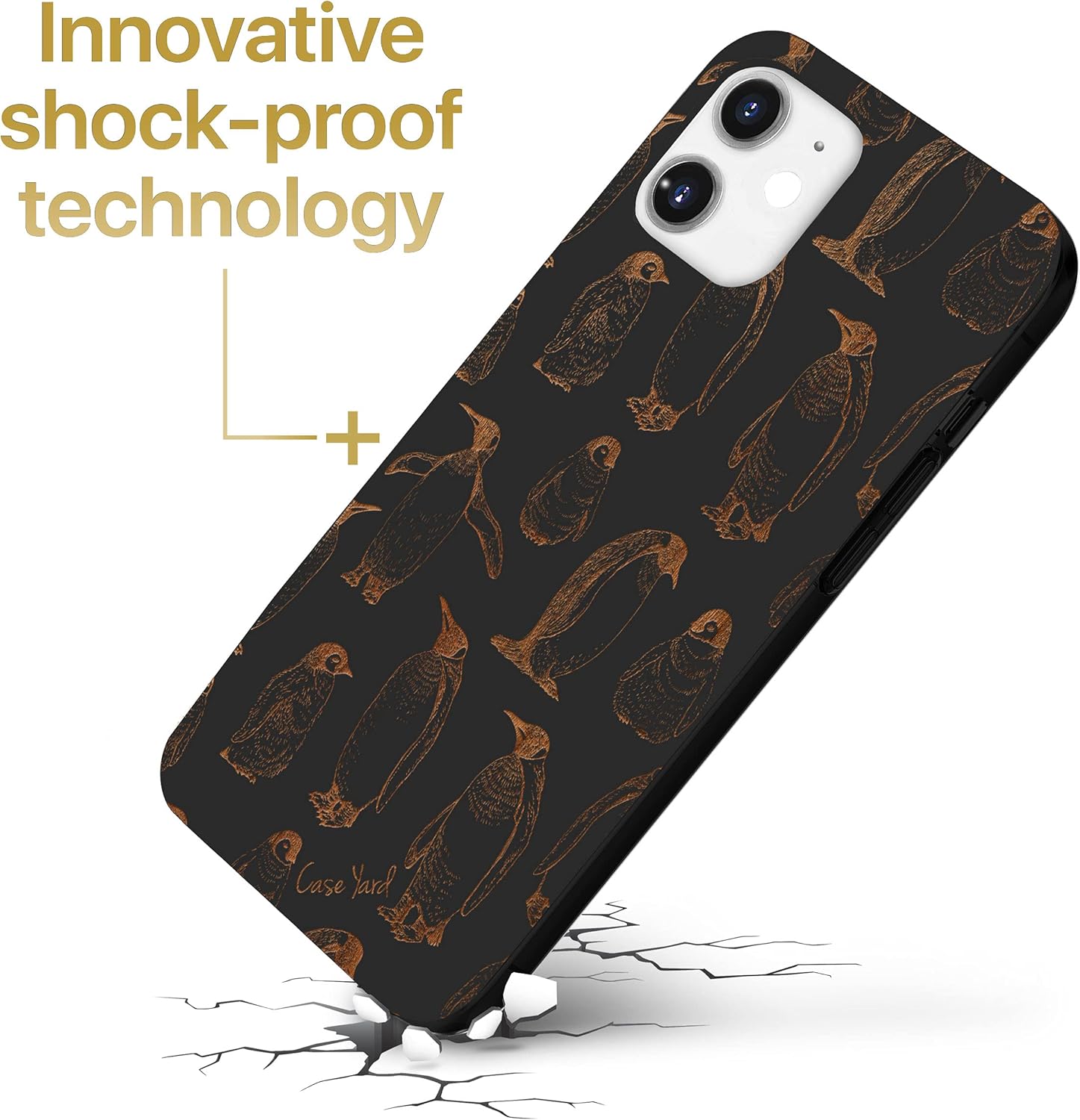 CaseYard Funda de madera para iPhone 11 con grabado láser, diseño de pingüino, compatible con madera negra, funda protectora a prueba de golpes,