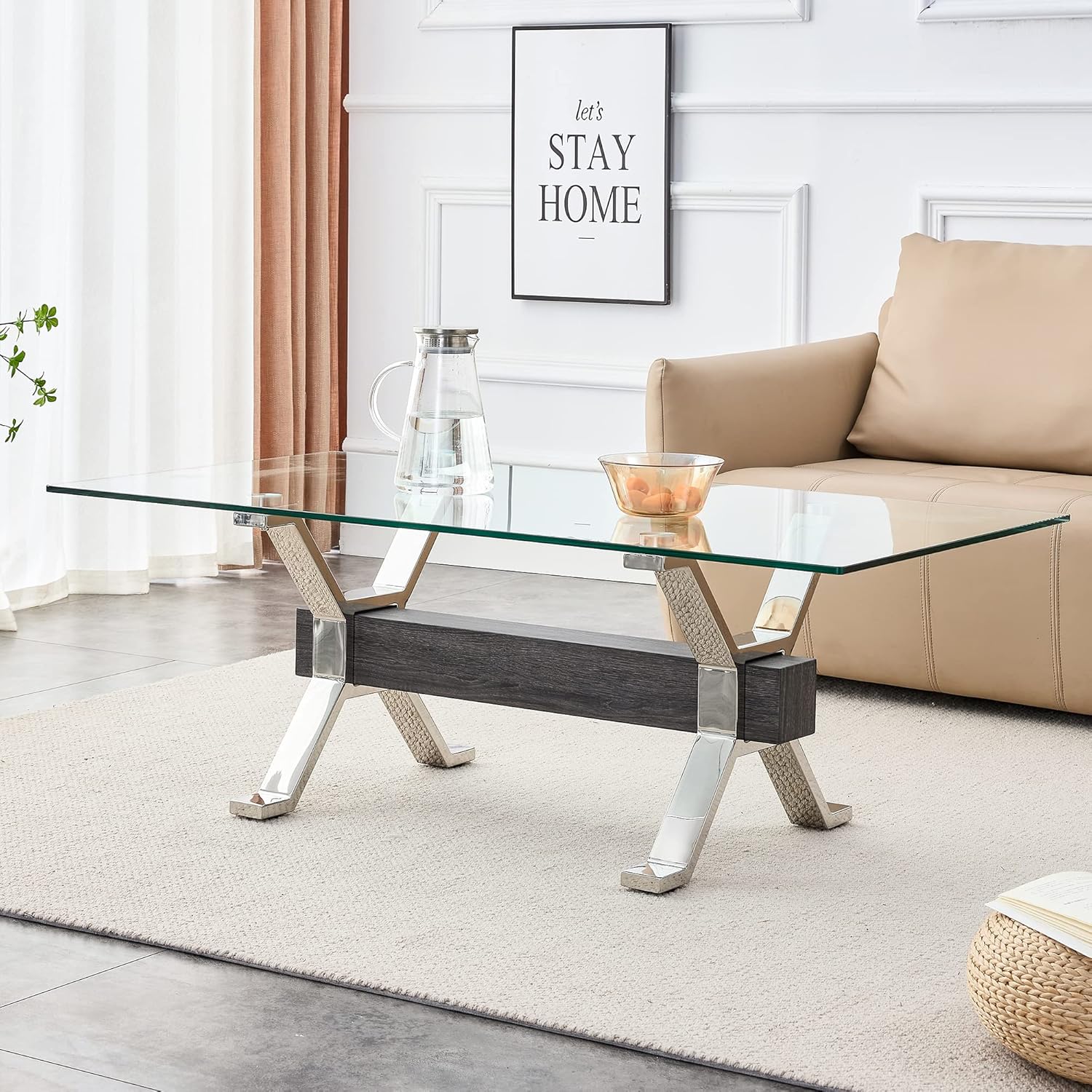 Mesa de centro rectangular transparente moderna, mesa de centro única de vidrio templado con patas de metal plateado y barra transversal de MDF,