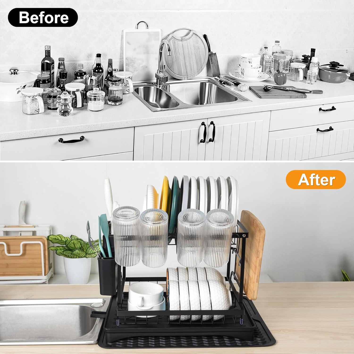 Escurridor de platos grande desmontable de 2 niveles sobre la encimera de la cocina con escurridor y tapete de secado de platos de silicona, estante