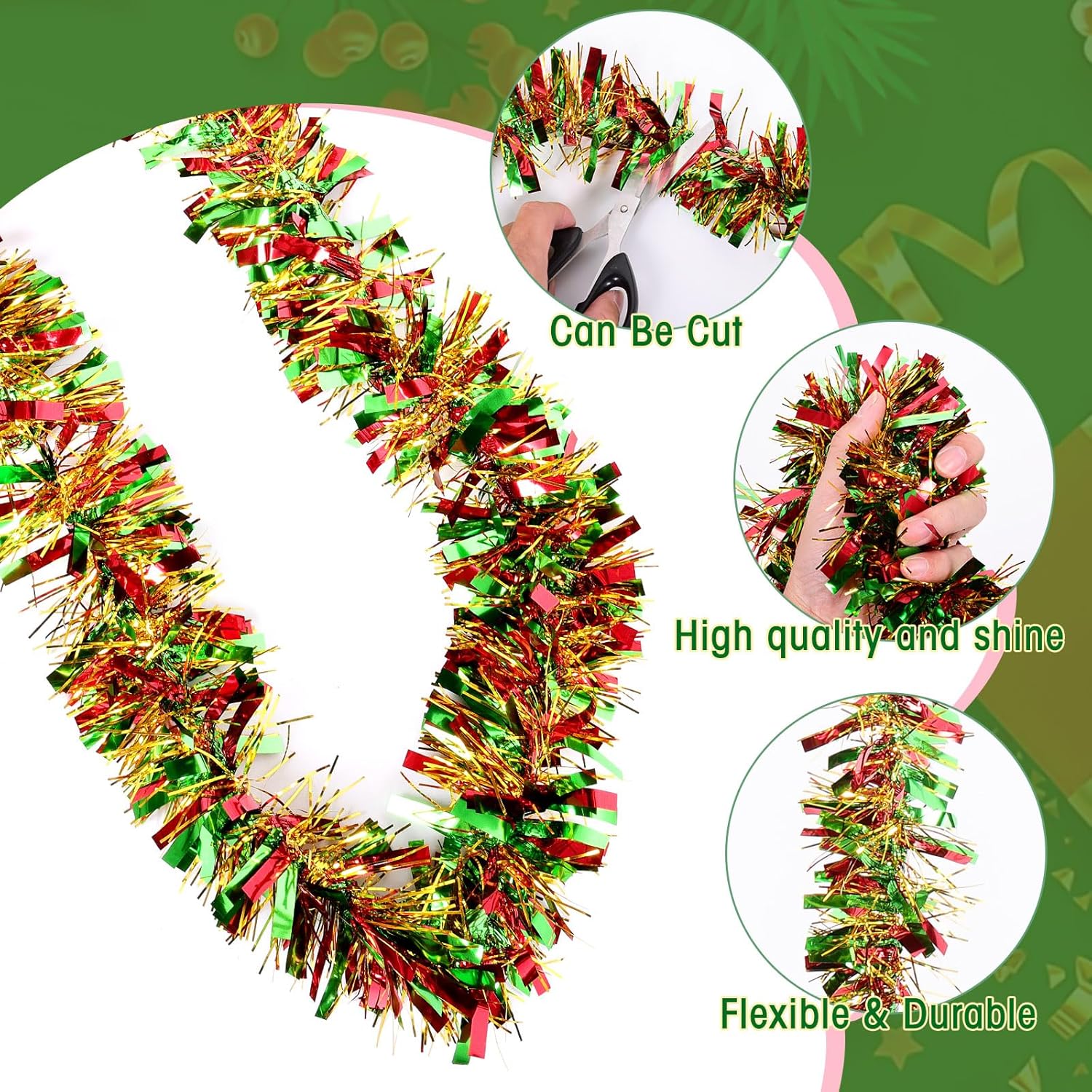 Guirnalda de oropel de Navidad de 131 pies, guirnalda metálica para árbol de Navidad, ornamentos colgantes de techo de papel de aluminio,