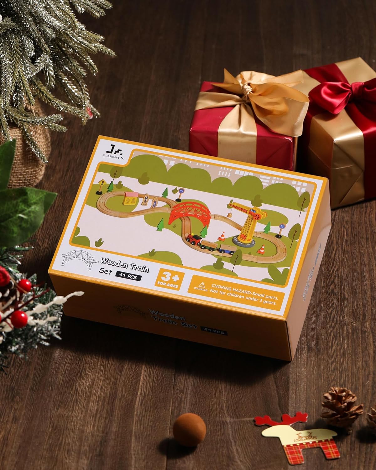 SainSmart Jr. Juego de tren de madera para niños pequeños, 41 piezas de pista de tren de madera con grúa para Brio, Thomas, Melissa y Doug, tren de