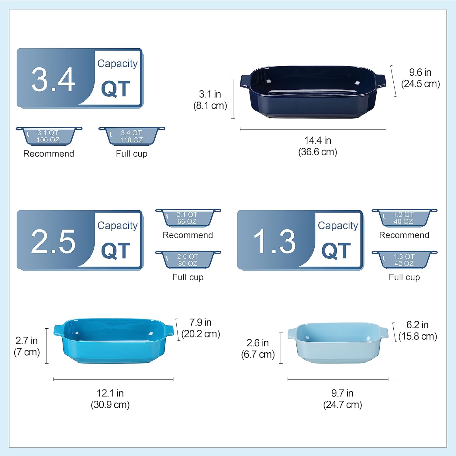 LOVECASA Juego de 3 cacerolas para horno, platos de cerámica para hornear, sartenes rectangulares para lasaña profundas con asas, moldes para