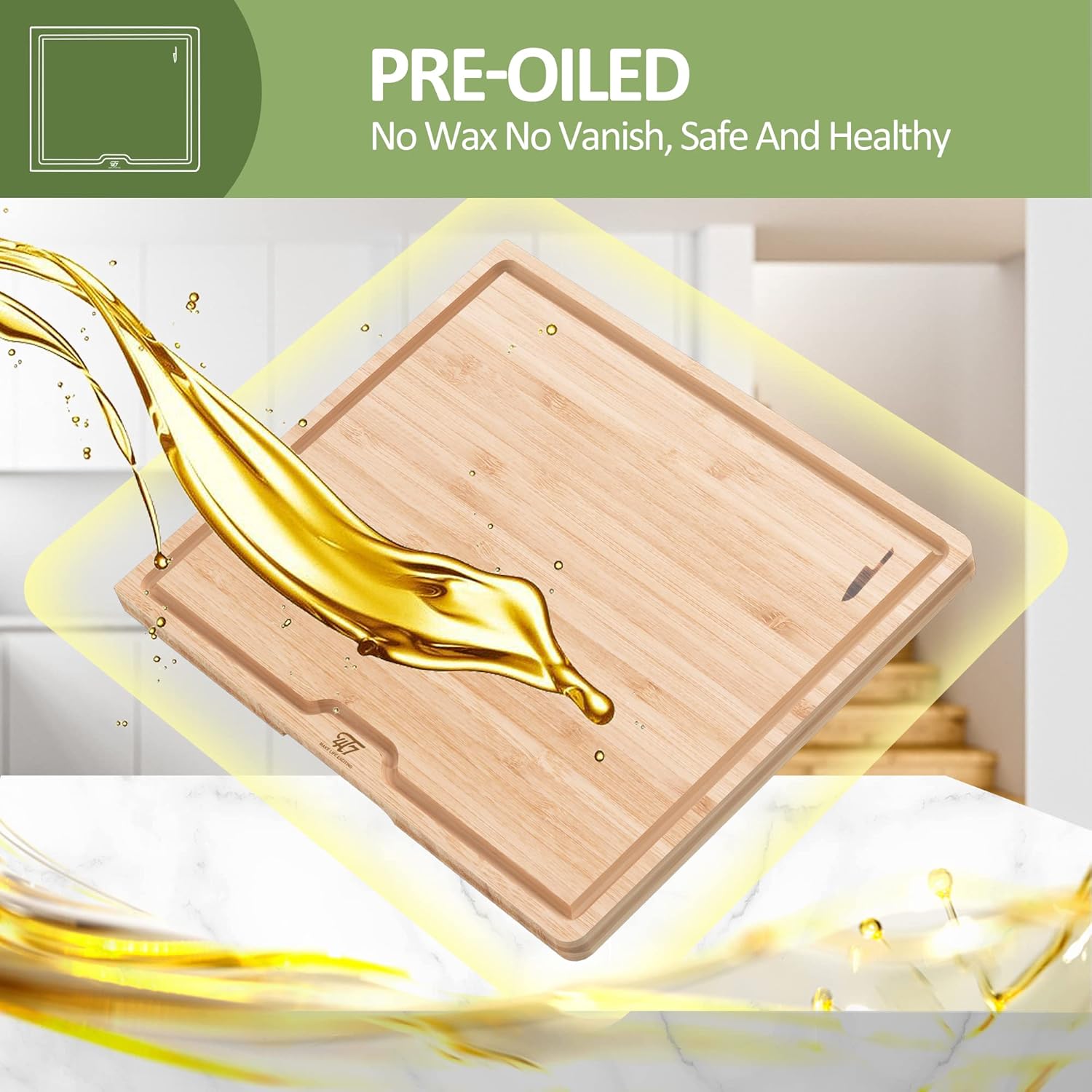 Tabla de cortar de bambú para cocina, tabla de cortar con ranura para jugo y asas, tabla de charcutería, reversible para preparación de comidas y