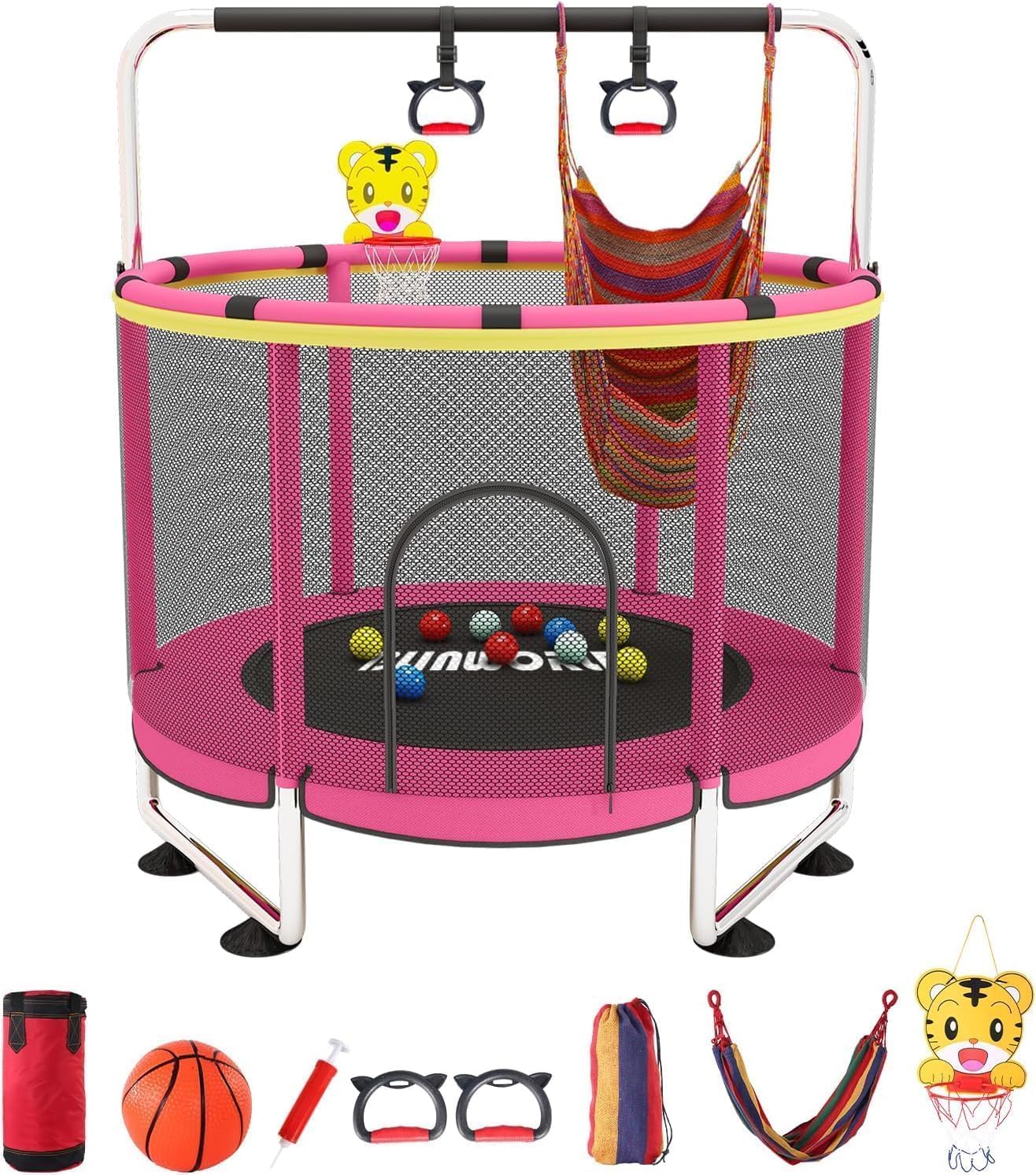 Trampolín para niños, cama elástica ajustable para bebés con aro de baloncesto, 440 libras para interiores y exteriores, trampolín para niños