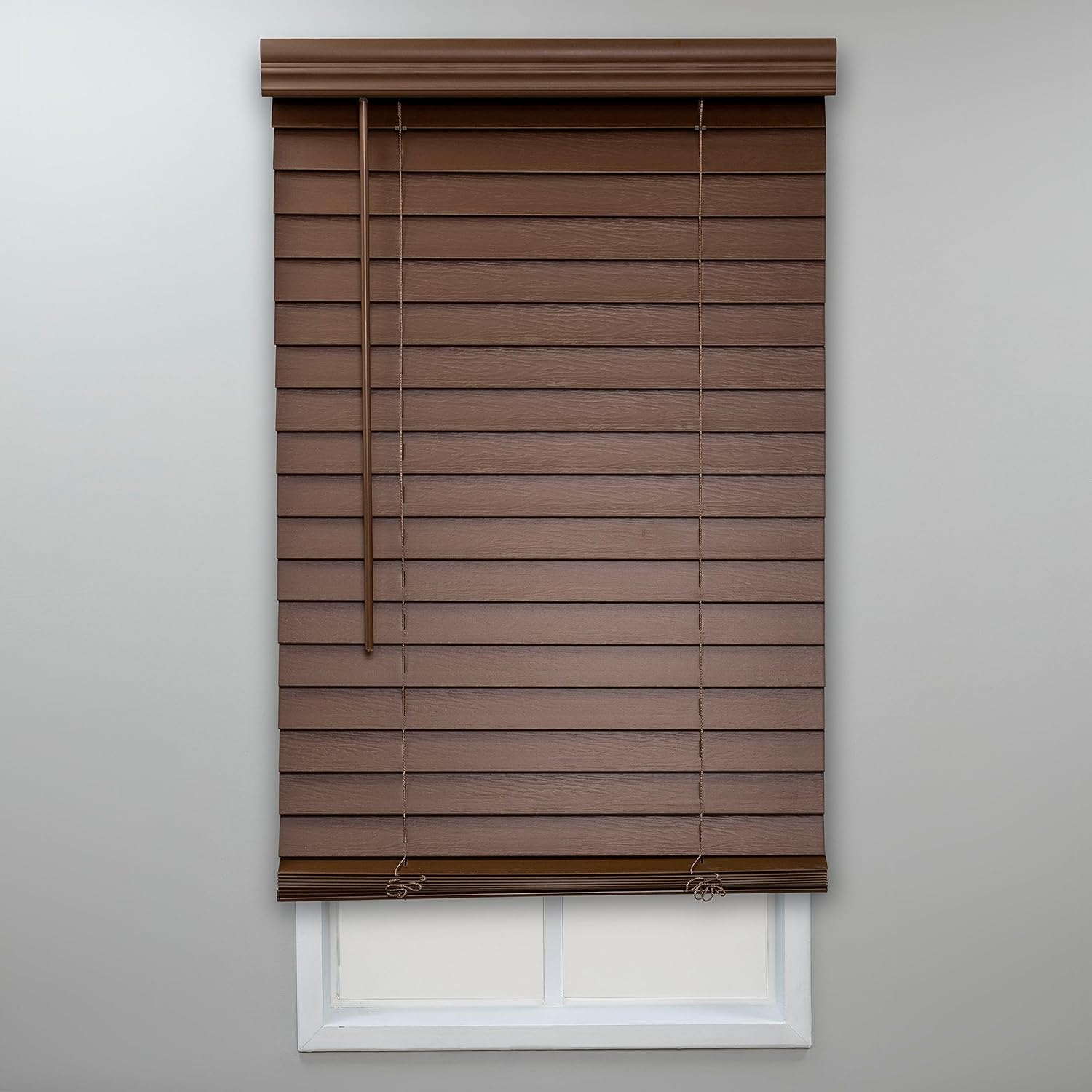 Eclipse Persianas de madera sintética, 21 pulgadas de ancho x 48 pulgadas de largo, color roble oscuro, sin cordón, certificadas seguras para niños