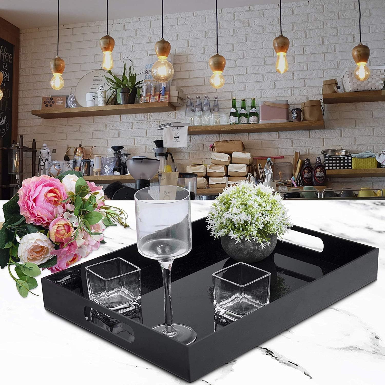 Bandeja de acrílico duradera para servir el desayuno, bandeja grande rectangular impermeable de 0.197 pulgadas de grosor con asas para café, té,