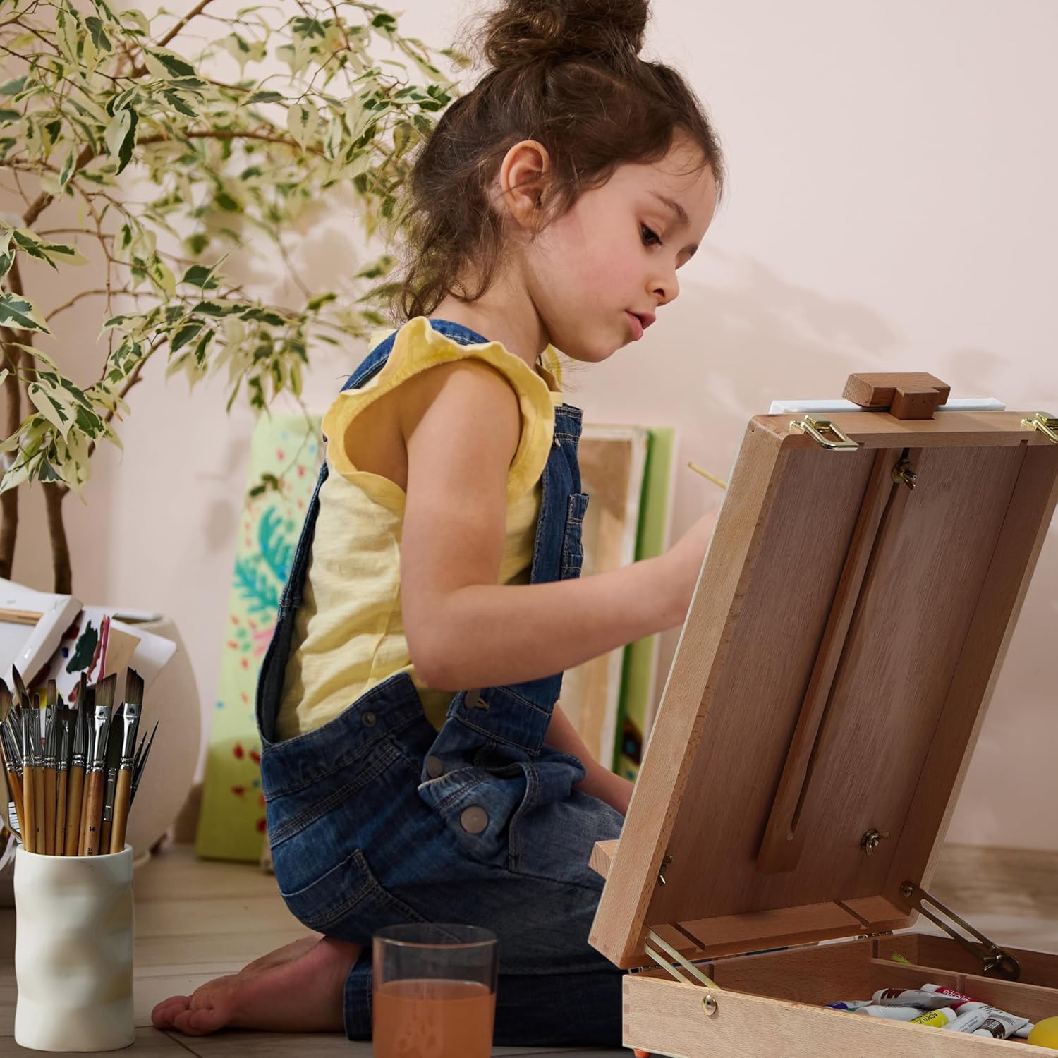 ARTIFY – Juego de caballete de caja de bocetos de mesa, caballete de artista de escritorio con pinturas acrílicas de 12 colores, 13 pinceles, 4