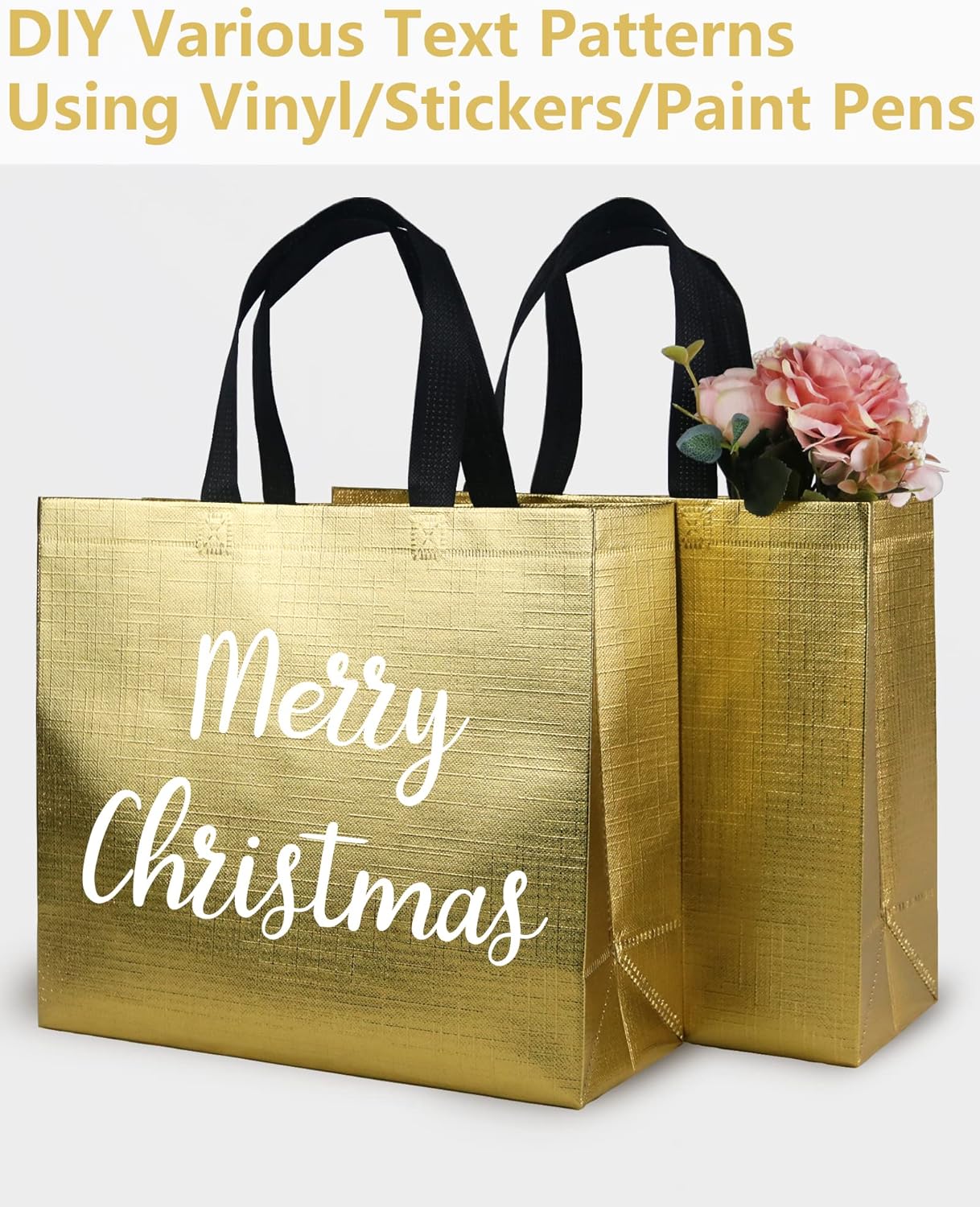 FONXHEE Paquete de 12 bolsas de regalo doradas con asas, bolsas de regalo reutilizables, bolsas de regalo brillantes, bolsas de regalo metálicas no