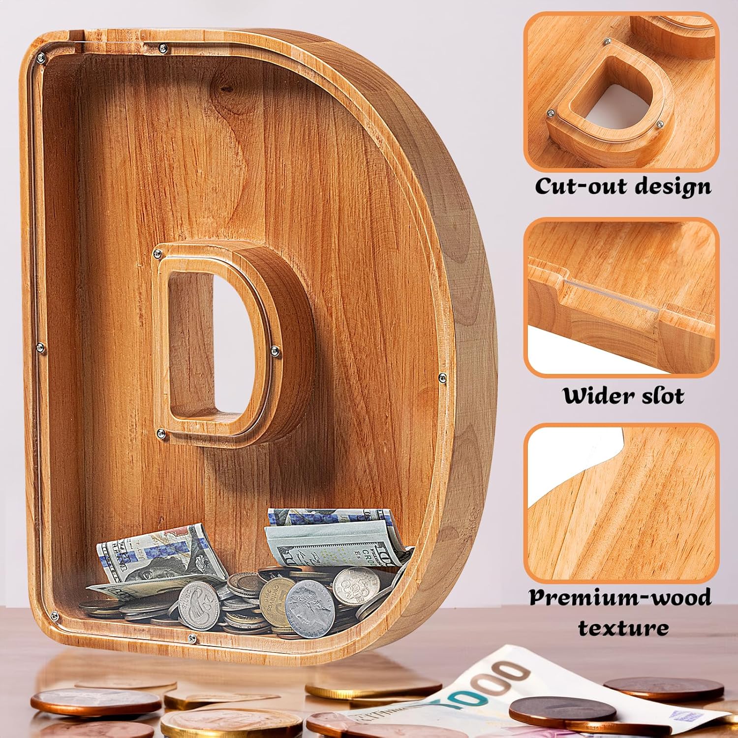 Alcancías de madera extra grandes de 12 pulgadas  Alcancías para niños y niñas, bancos de dinero del alfabeto con inicial D  Banco de billetes para