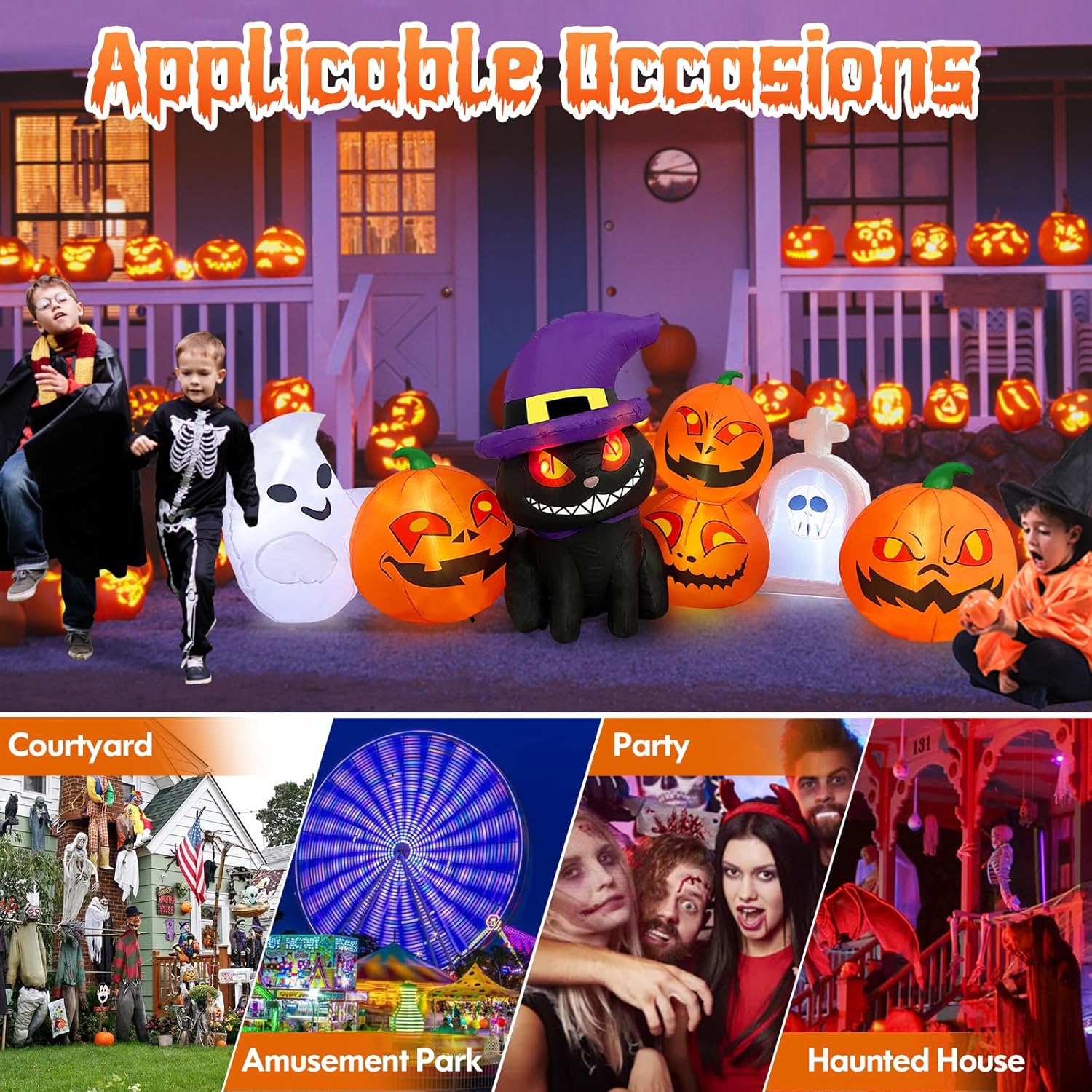MICOCAH Inflables de Halloween de 8 pies de largo para decoración al aire libre, faroles inflables de gato y calabaza con lápida, fantasma,