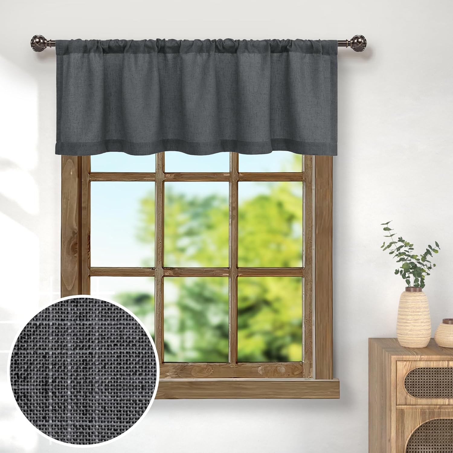 Pitalk Cenefa gris oscuro para ventana de 18 pulgadas de largo, cenefa de cocina de lino transparente de algodón para baño, cenefa para sala de