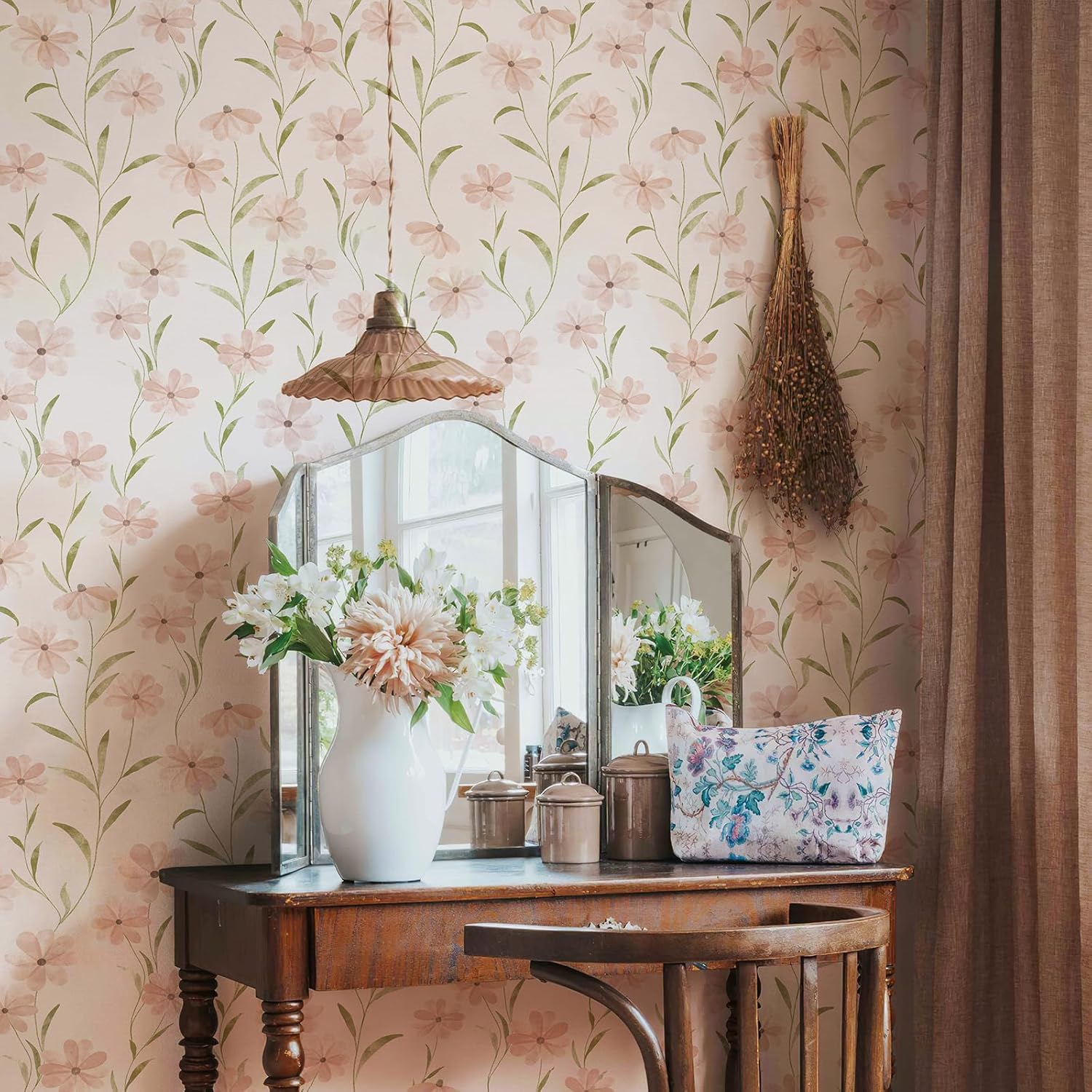 Papel tapiz floral para despegar y pegar, papel tapiz de margaritas rosas de verano, papel tapiz adhesivo para decoración de pared (393 x 17.7