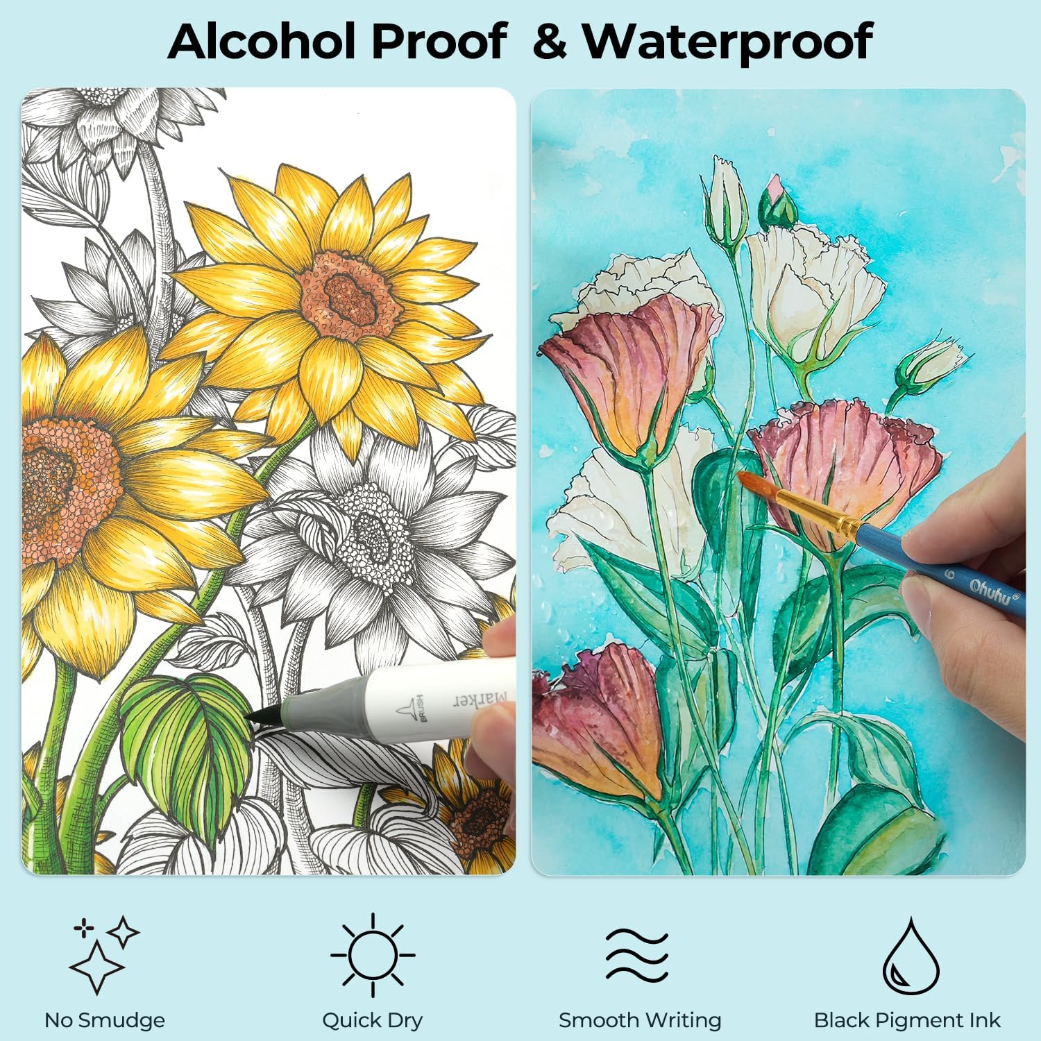 Ohuhu Bolígrafos fineliner líquidos, 9 tamaños, pigmento, tinta negra, microbolígrafos para bocetos, marcadores de alcohol, 216 colores, pincel y
