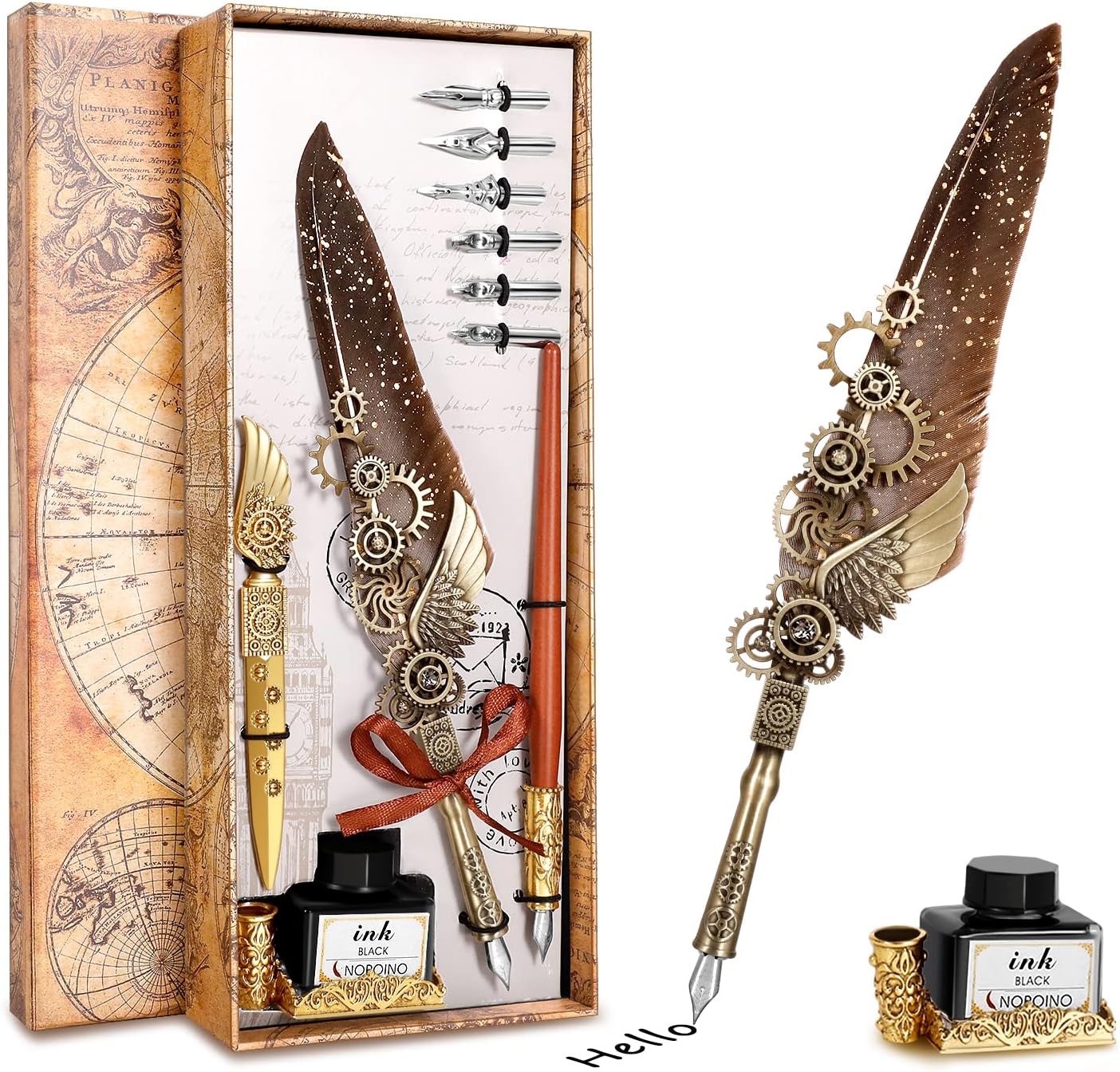 Juego de bolígrafos de caligrafía de pluma  Estilo Steampunk mecánico antiguo  Pluma de diseño mecánico con pluma de inmersión de madera para una