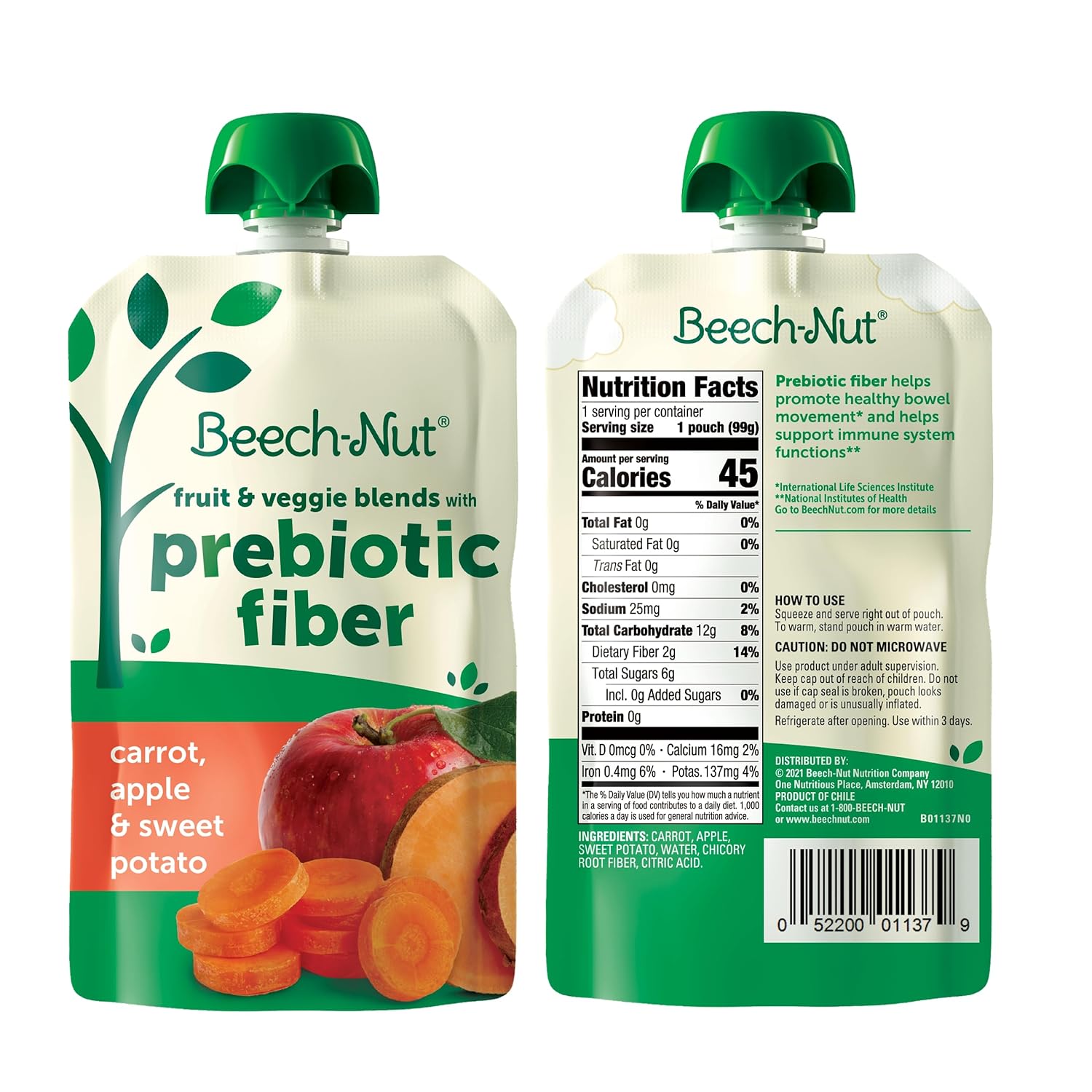 Beech-Nut Bolsas de alimentos para bebés y niños pequeños con fibra prebiótica, manzana de zanahoria y batata, 3.5 onzas (paquete de 18)
