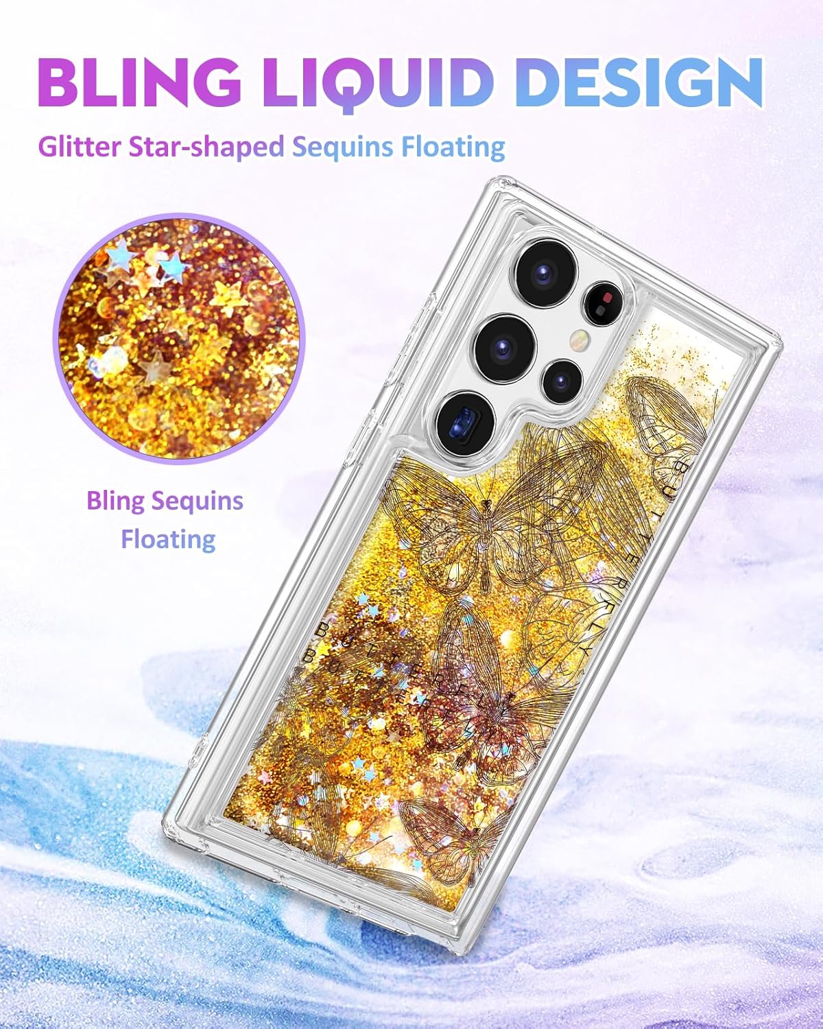 Funda para Samsung Galaxy S22 Ultra con purpurina líquida de arena movediza linda mariposa estética bonita divertida cubierta de diseño brillante