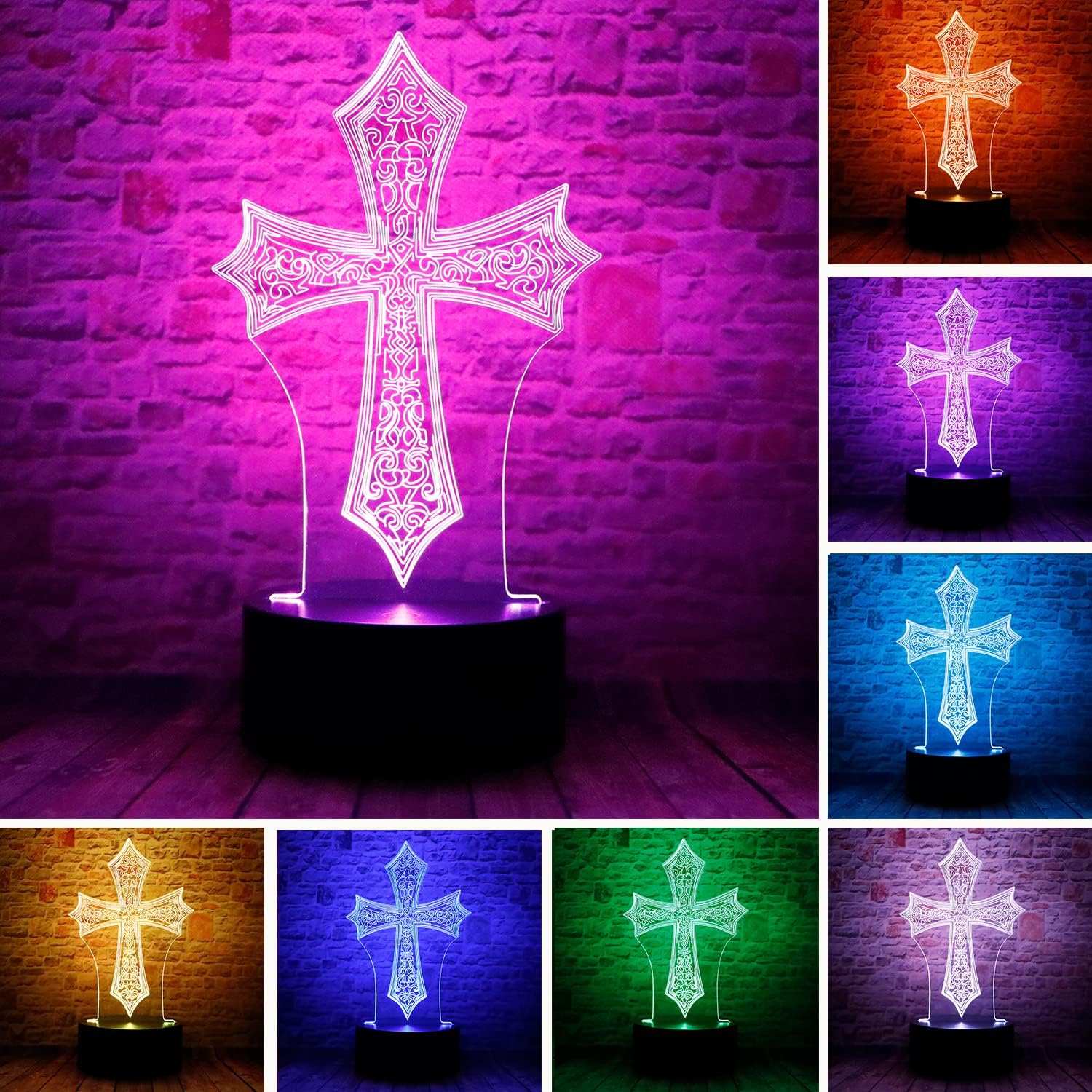 Lámpara de mesa con luz LED 3D de cruz de Cristo Jesús con control remoto, 7 colores, luz nocturna, cumpleaños, Navidad, Pascua, regalo cristiano