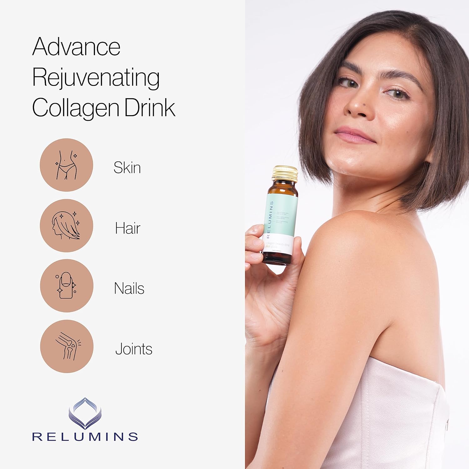 Relumins Advance – Bebida rejuvenecedora de colágeno con glutatión, hialurónico, CoQ10, EGCG, resveratrol y más, combate naturalmente los signos del