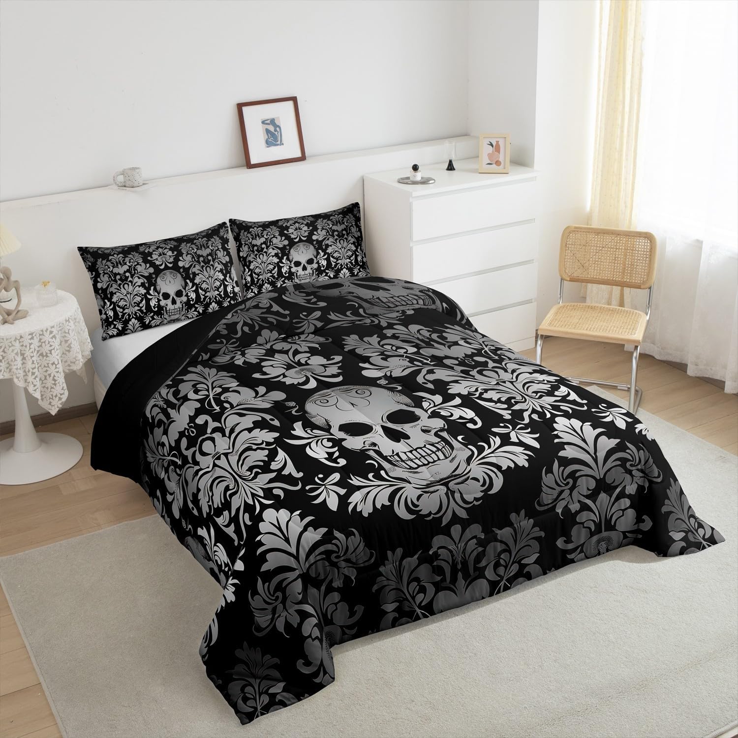 Juego de ropa de cama de damasco gris para adultos, juego de edredón barroco victoriano antiguo, tamaño Queen, edredón floral gótico vintage,