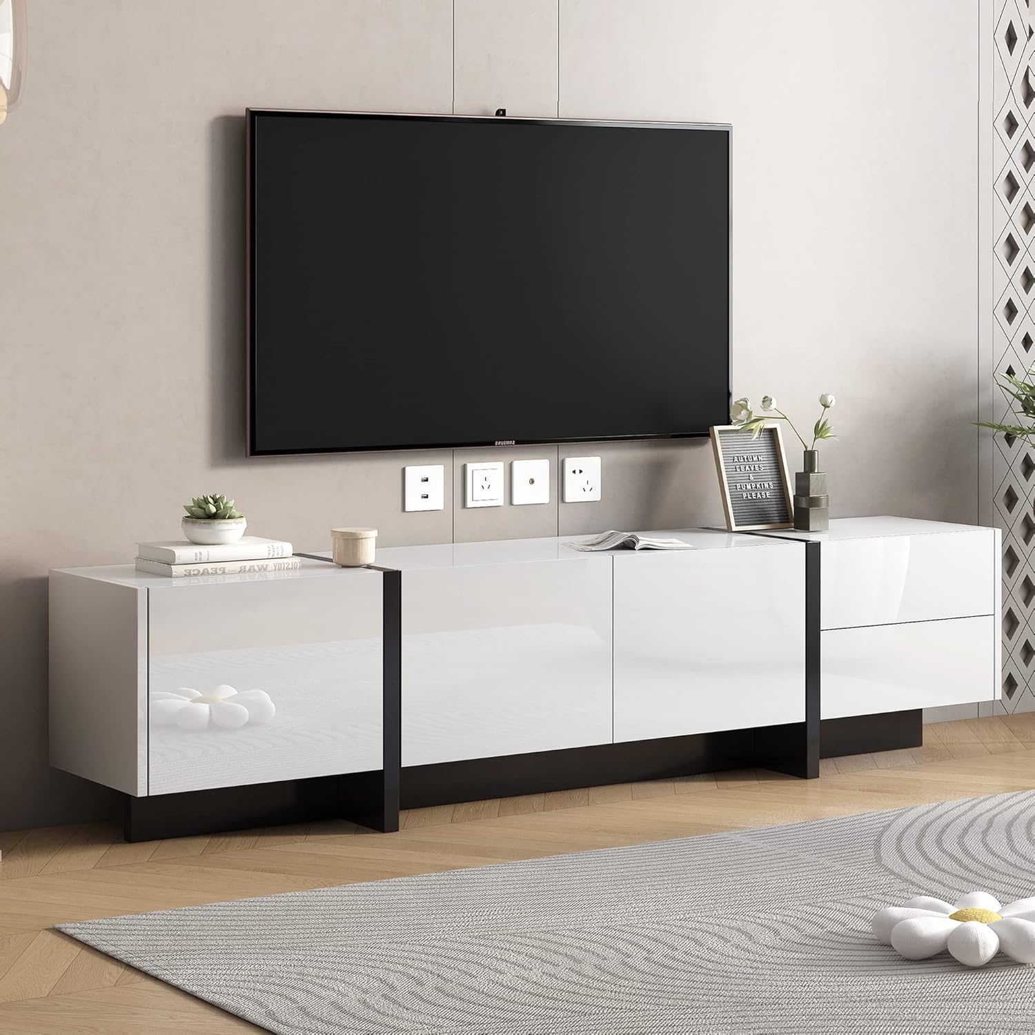Flieks Soporte de TV para televisores de hasta 80 pulgadas, centro de entretenimiento multimedia de alto brillo UV con amplia capacidad de