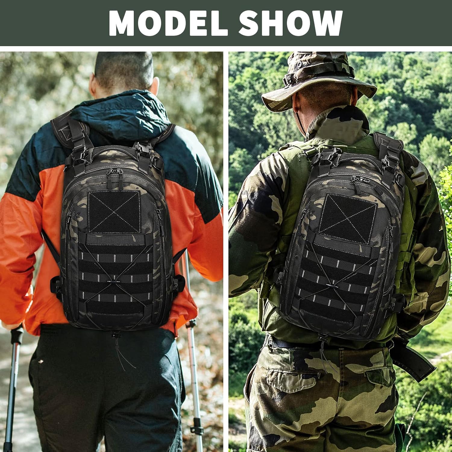 HUNTVP Mochila militar MOLLE para caza, mochila táctica Backpck Assault Pack se puede fijar con el chaleco y el cinturón, Camo Negro, Mochilas de