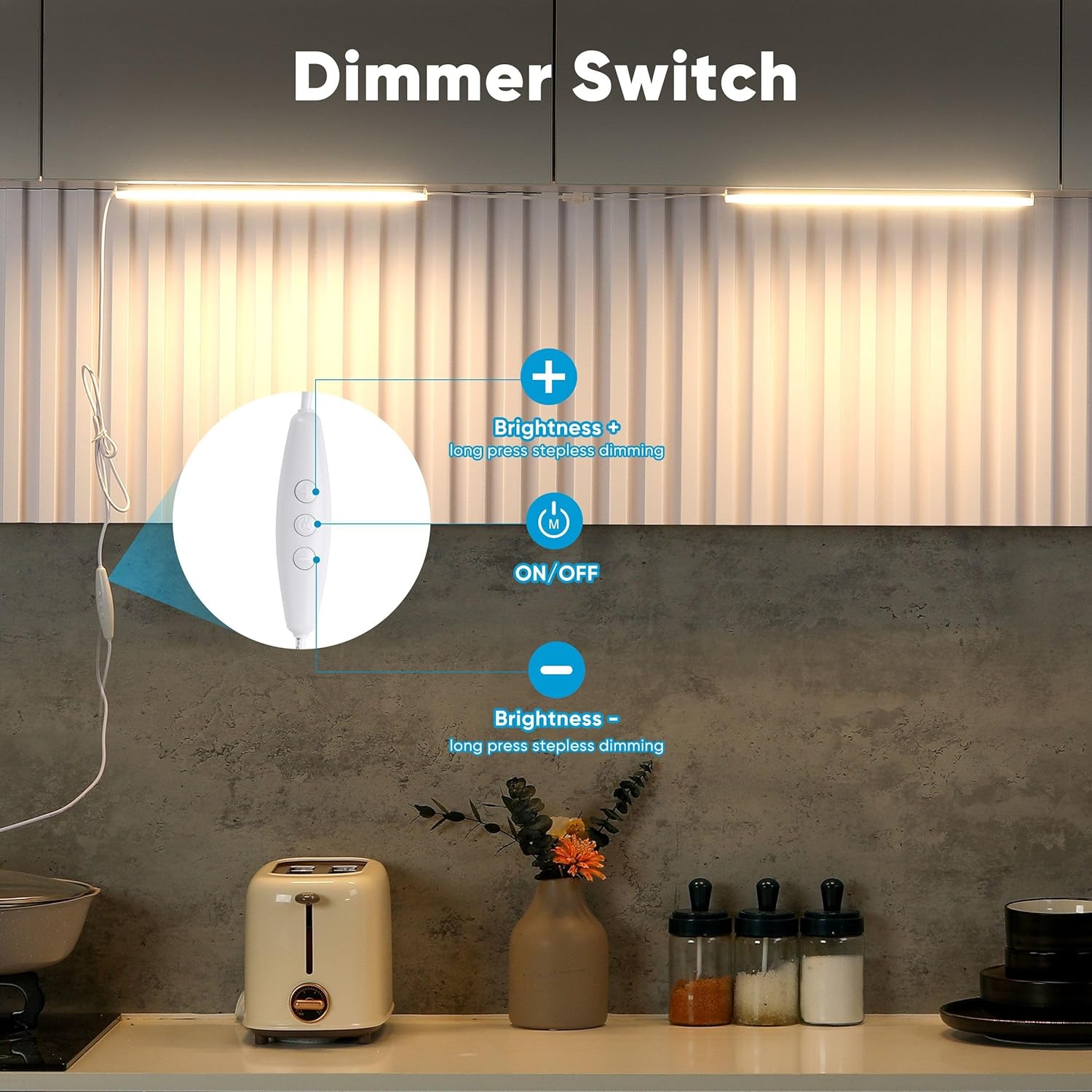 Litever Kit de iluminación enchufable para debajo del gabinete con adaptador, atenuador, 2 tiras de luz LED USB de 12 pulgadas. Regulable enlazable