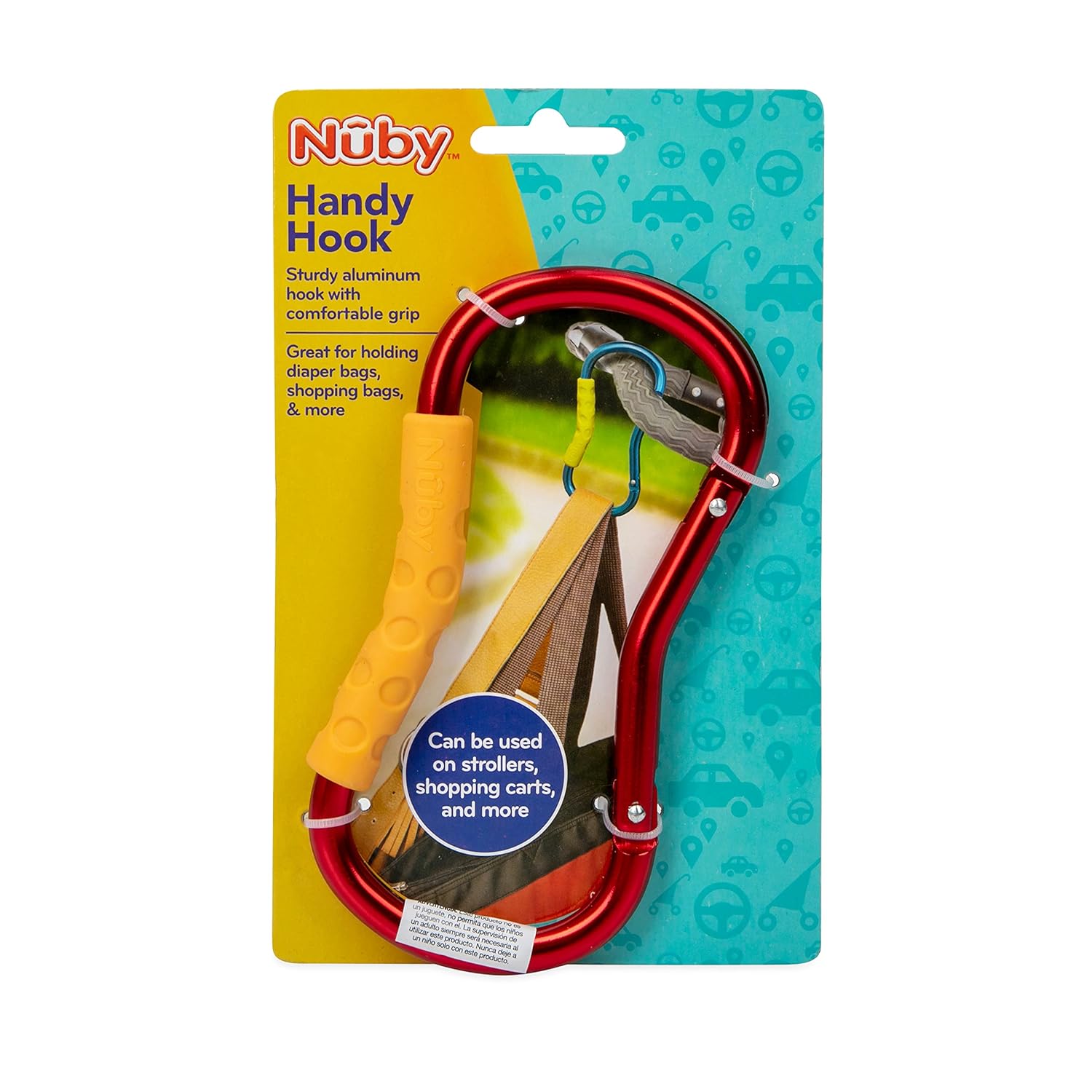Nuby Mosquetón de gancho grande y práctico con agarre suave texturizado, los colores pueden variar