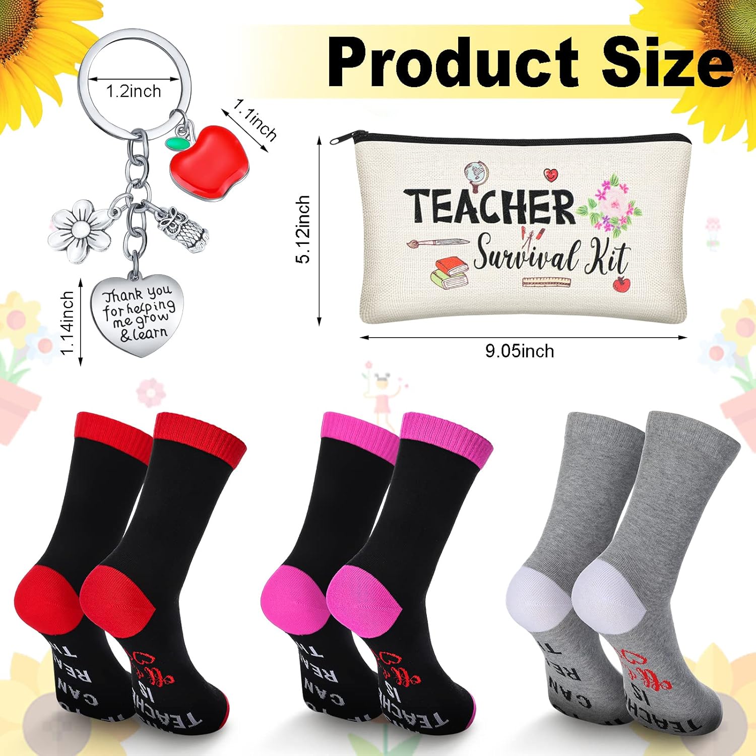 9 piezas de regalos de agradecimiento para profesores, regalos de Navidad, 3 calcetines para profesores, 3 bolsas de maquillaje, 3 llaveros para
