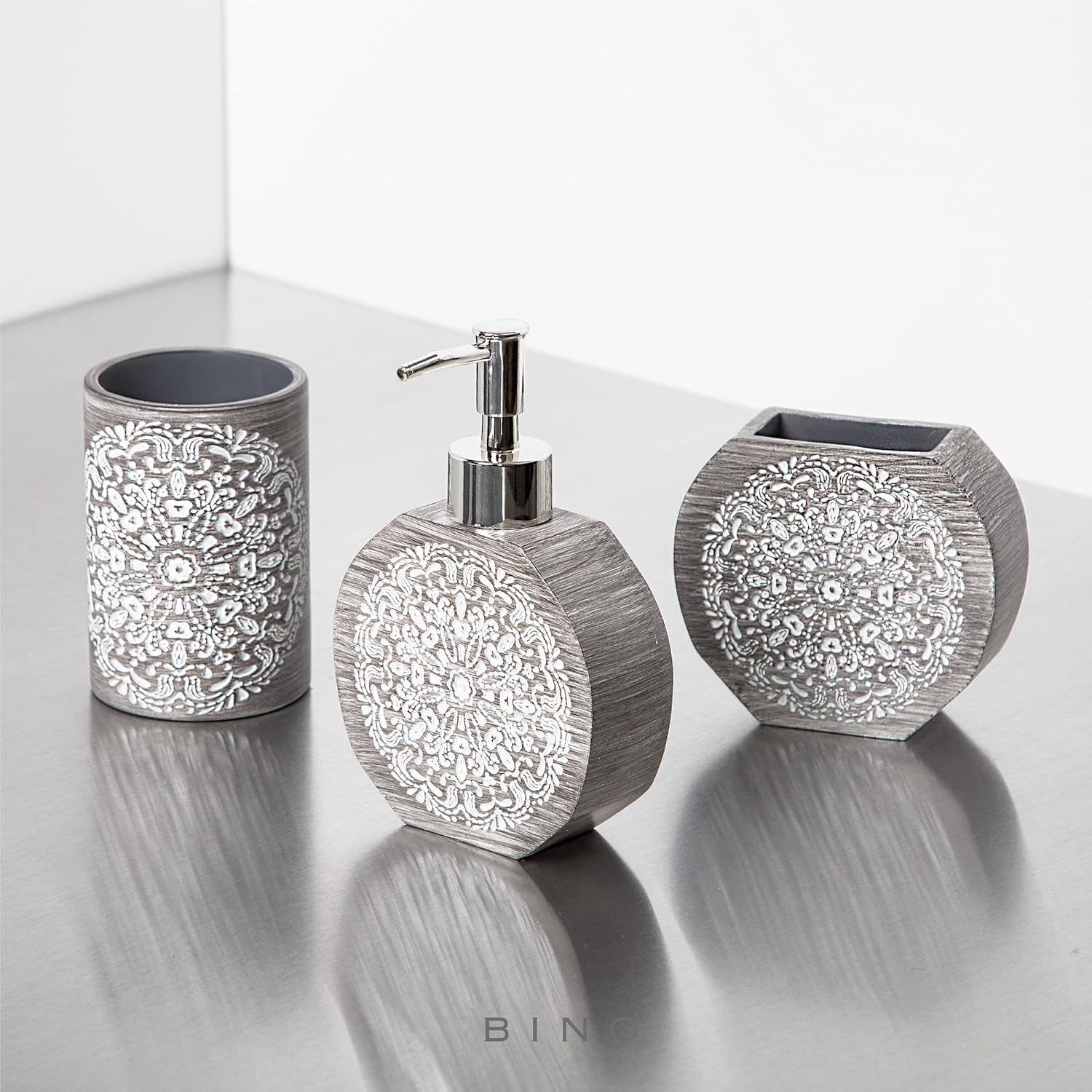 BINO Juego de accesorios de baño, color gris, dispensador de jabón, soporte para cepillos de dientes, vaso, organizador de baño de 3 piezas,