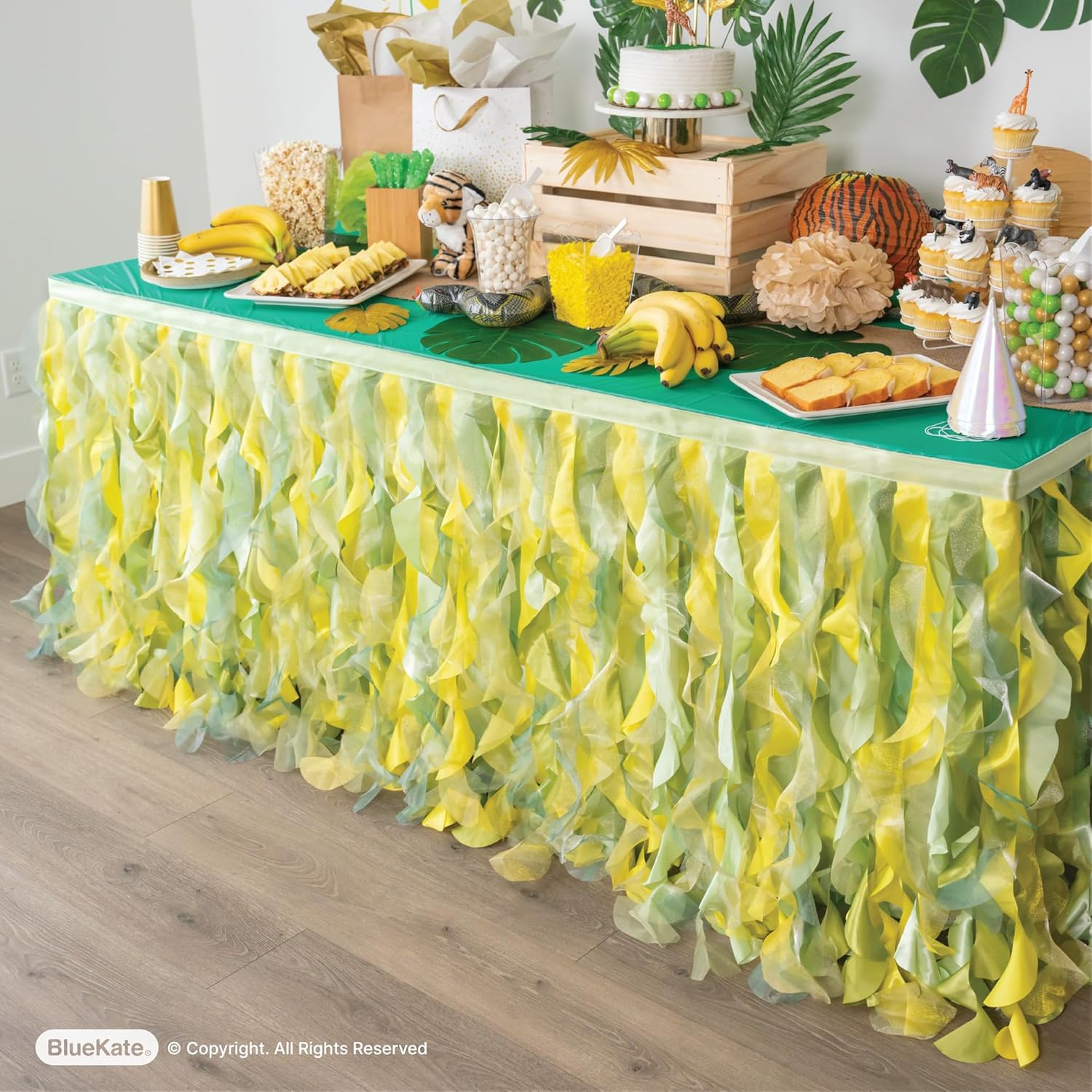 BLUEKATE Falda de mesa verde limón. Falda de mesa de 6 pies con organza de doble capa. Decoraciones temáticas de selva, cumpleaños, decoraciones de