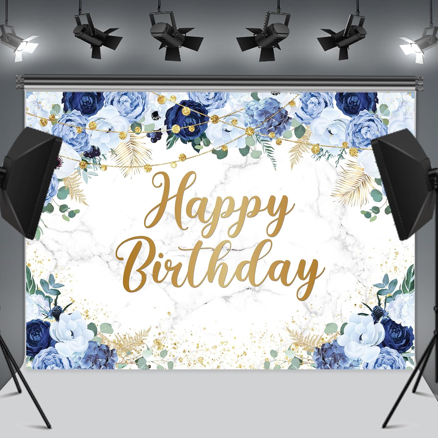LIGHTINHOME Fondo de cumpleaños azul para mujer, 7 pulgadas de ancho x 5 pulgadas de alto, pancarta de feliz cumpleaños para niña, acuarela, floral,