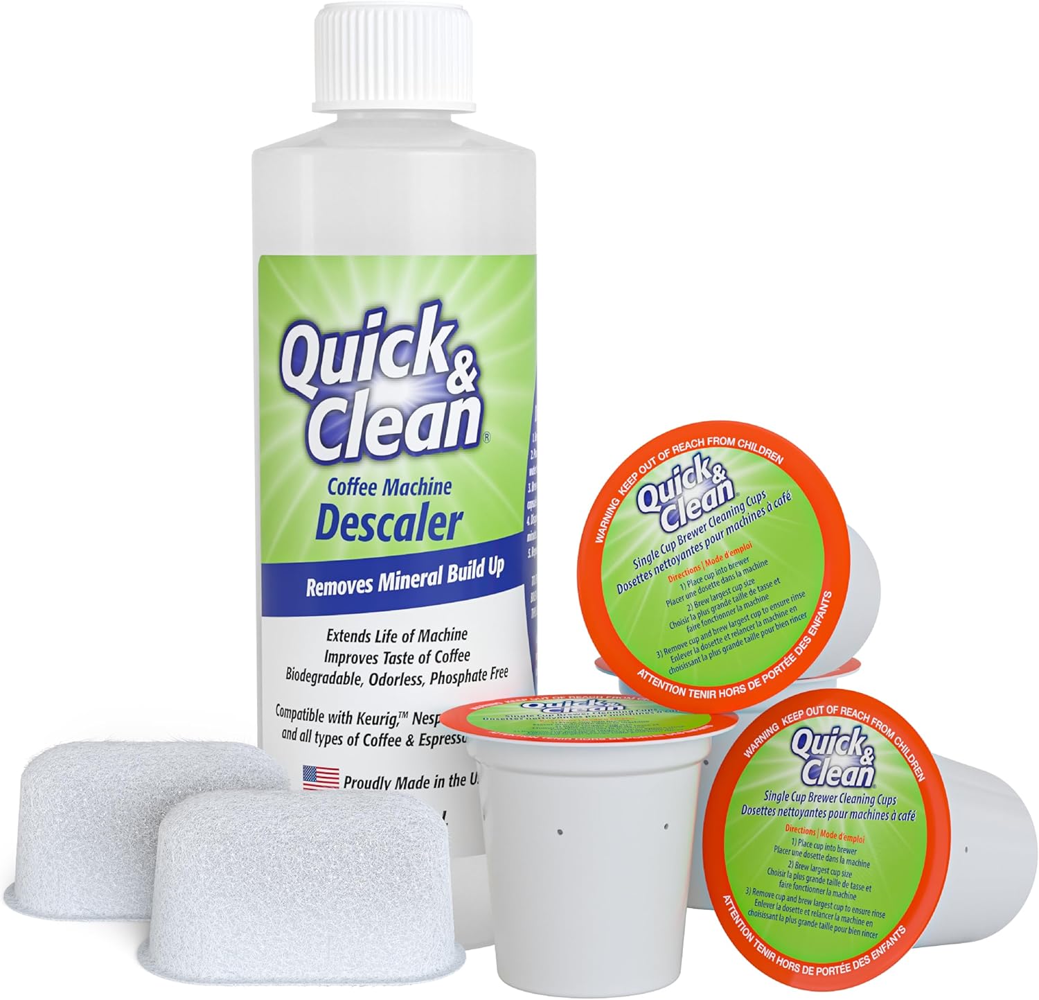 Quick & Clean Paquete de 4 tazas de limpieza + 2 filtros con paquete descalcificador (2 usos totales) – Compatible con 2.0, solución de