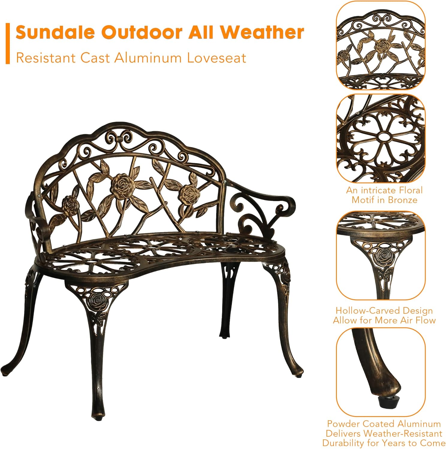 Sundale Outdoor Juego de 4 piezas de estilo bistró, de aluminio fundido, sillas de sofá biplaza resistentes a todo tipo de clima, acabado antiguo,