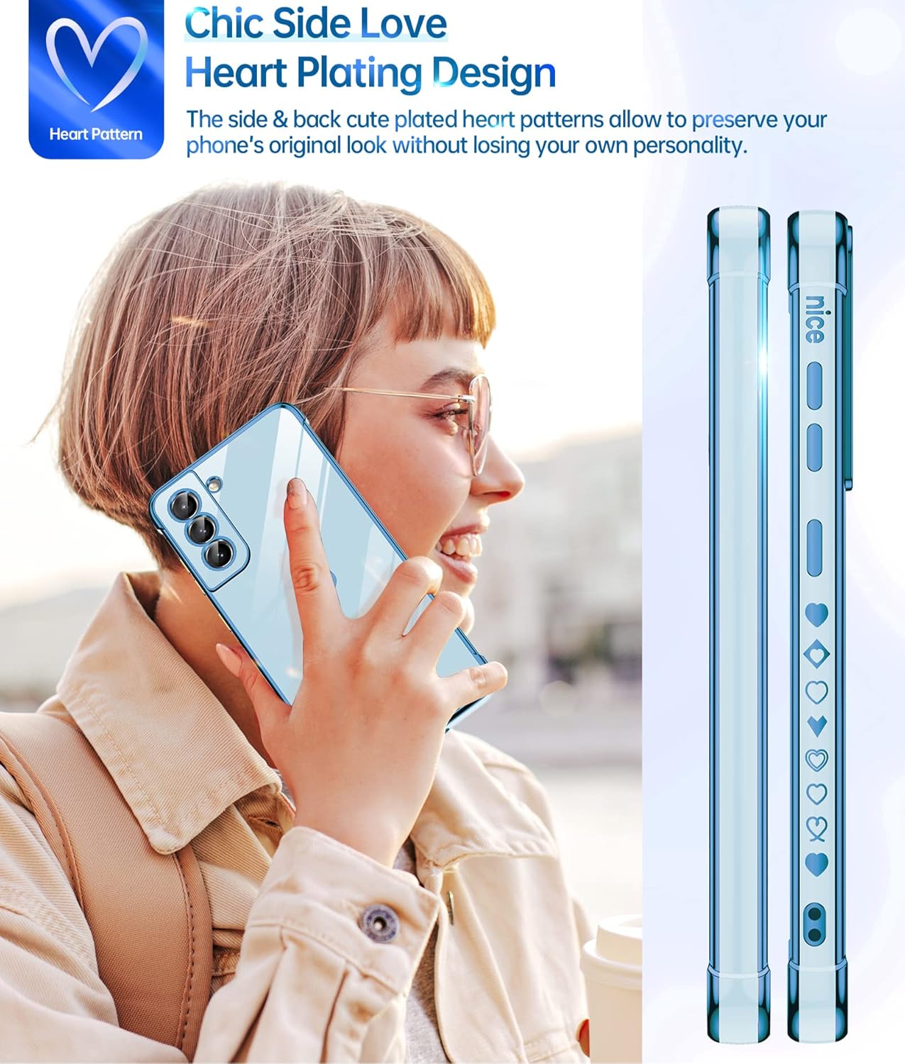 LeYi Funda para Galaxy S21 Fe 5G S21 Fe con protector de pantalla 2 piezas + protección completa de la cámara, chapado en corazón de amor, funda