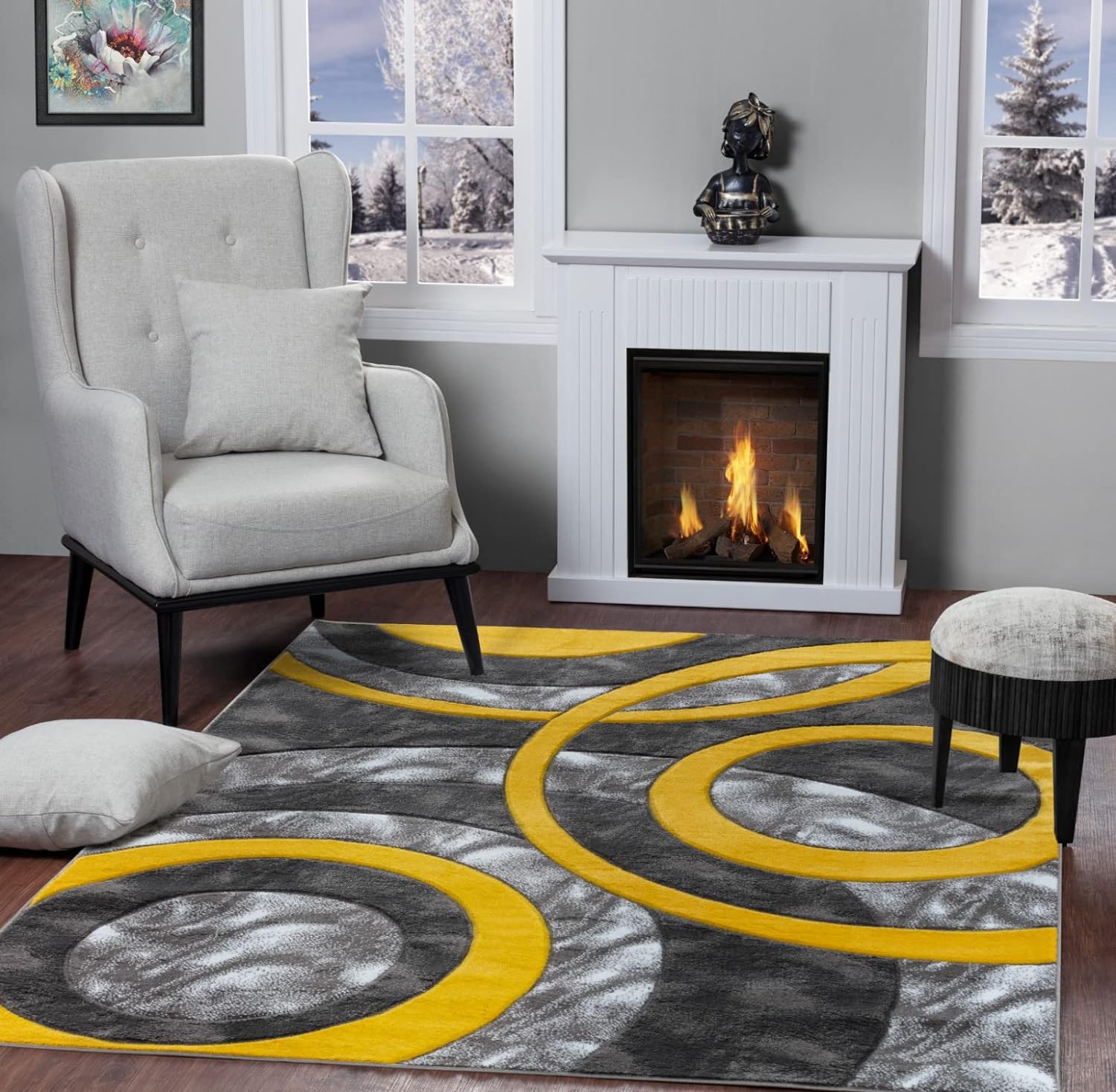 GLORY RUGS Alfombra moderna de 5 x 7 pulgadas, diseño geométrico de círculos amarillos, suave, tallada a mano, contemporánea, textura esponjosa para