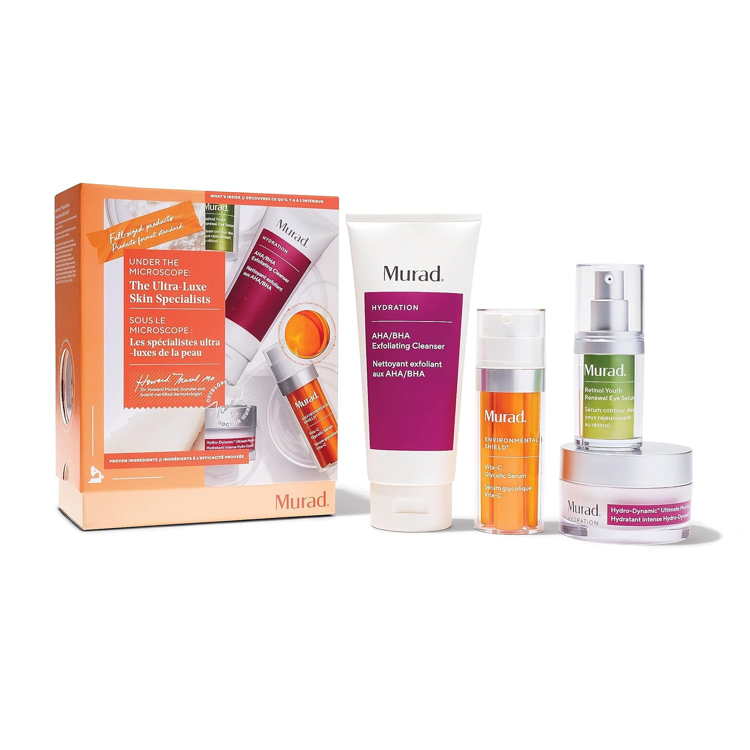 Murad The Ultra-luxe Skin Specialists – Juego de 4 piezas de tamaño completo (valor de $308) – Limpiador AHABHA de 6.75 onzas, suero glicólico