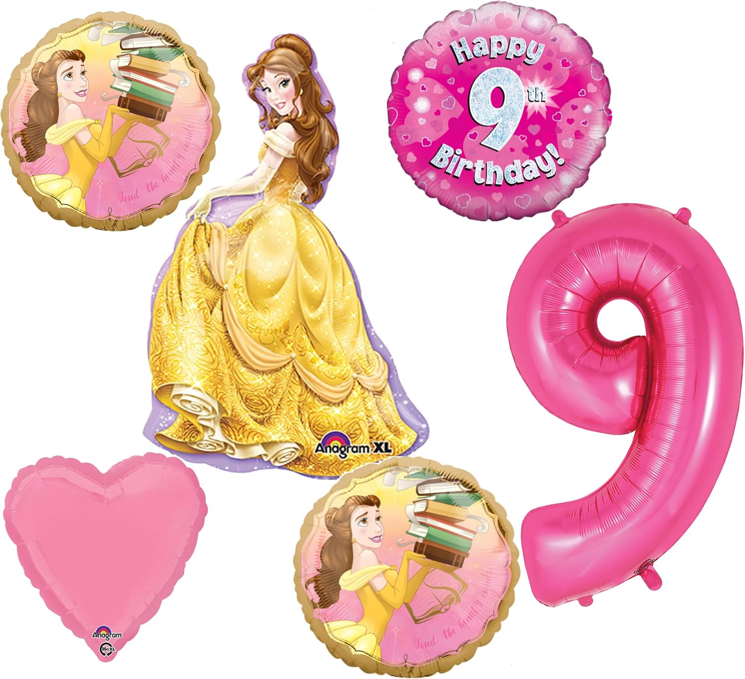 Ramo de globos rosa con el número 9 de la Bella y la Bestia