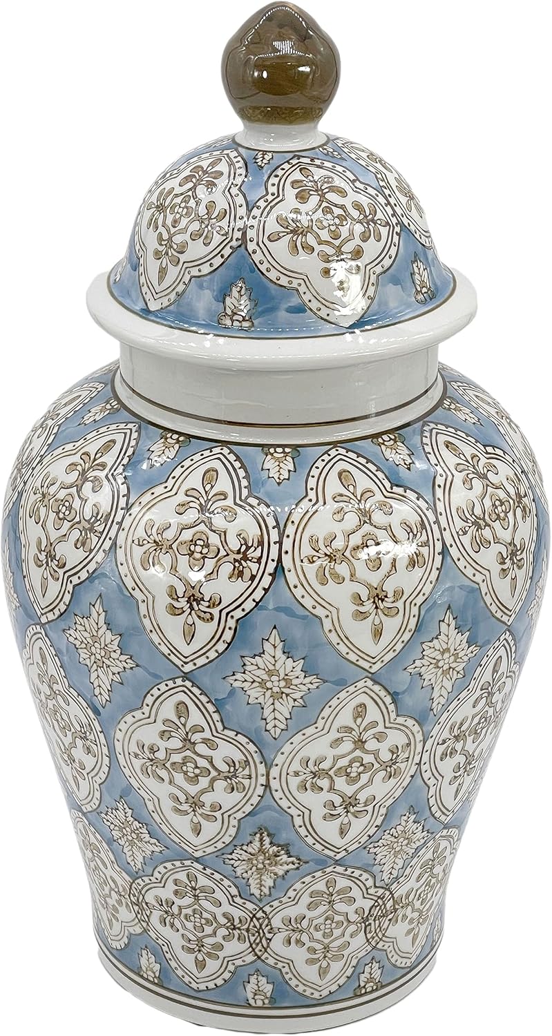 Galt International Tarro de jengibre de cerámica de mosaico pintado a mano azul claro y marrón de 18 pulgadas con tapa, porcelana chinoiserie