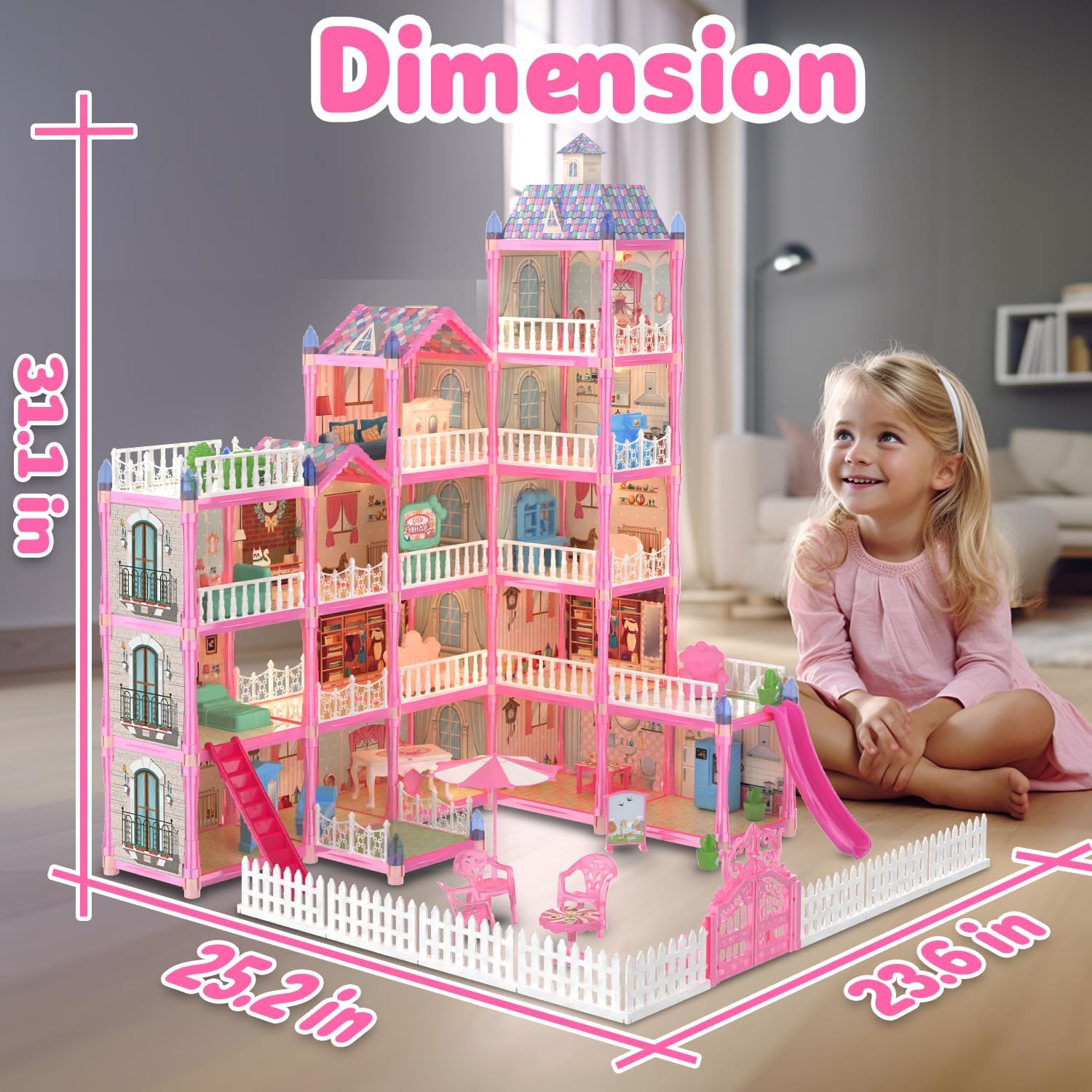 JoyZin 374 piezas de casa de muñecas casa de ensueño para niñas, casa de juegos de princesa con luces, accesorios de muebles, juegos de simulación,