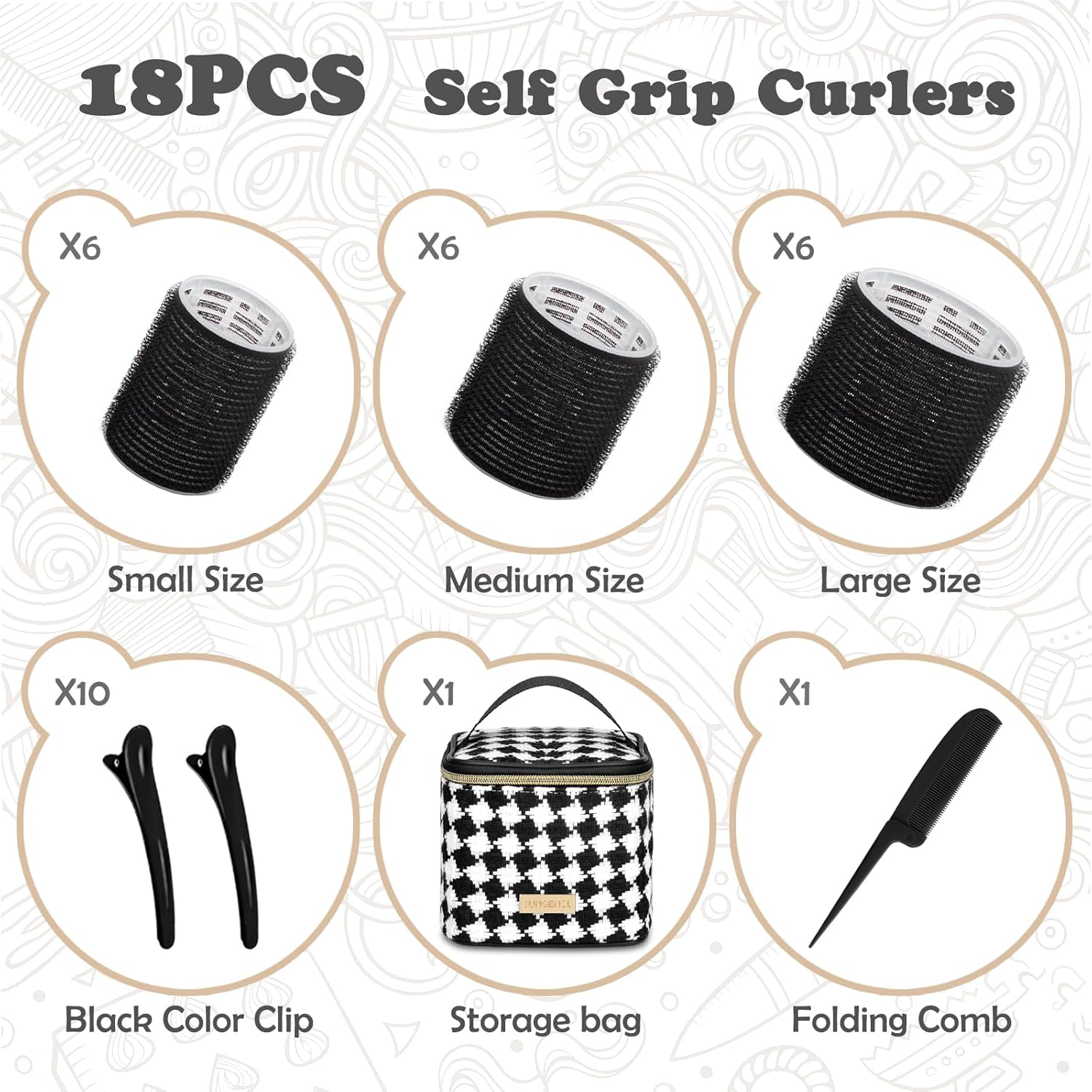 Juego de rodillos para el cabello, 18 rodillos autoadhesivos sin calor con clips y peine, rizadores de salón para estilos de bricolaje, 3 tamaños en