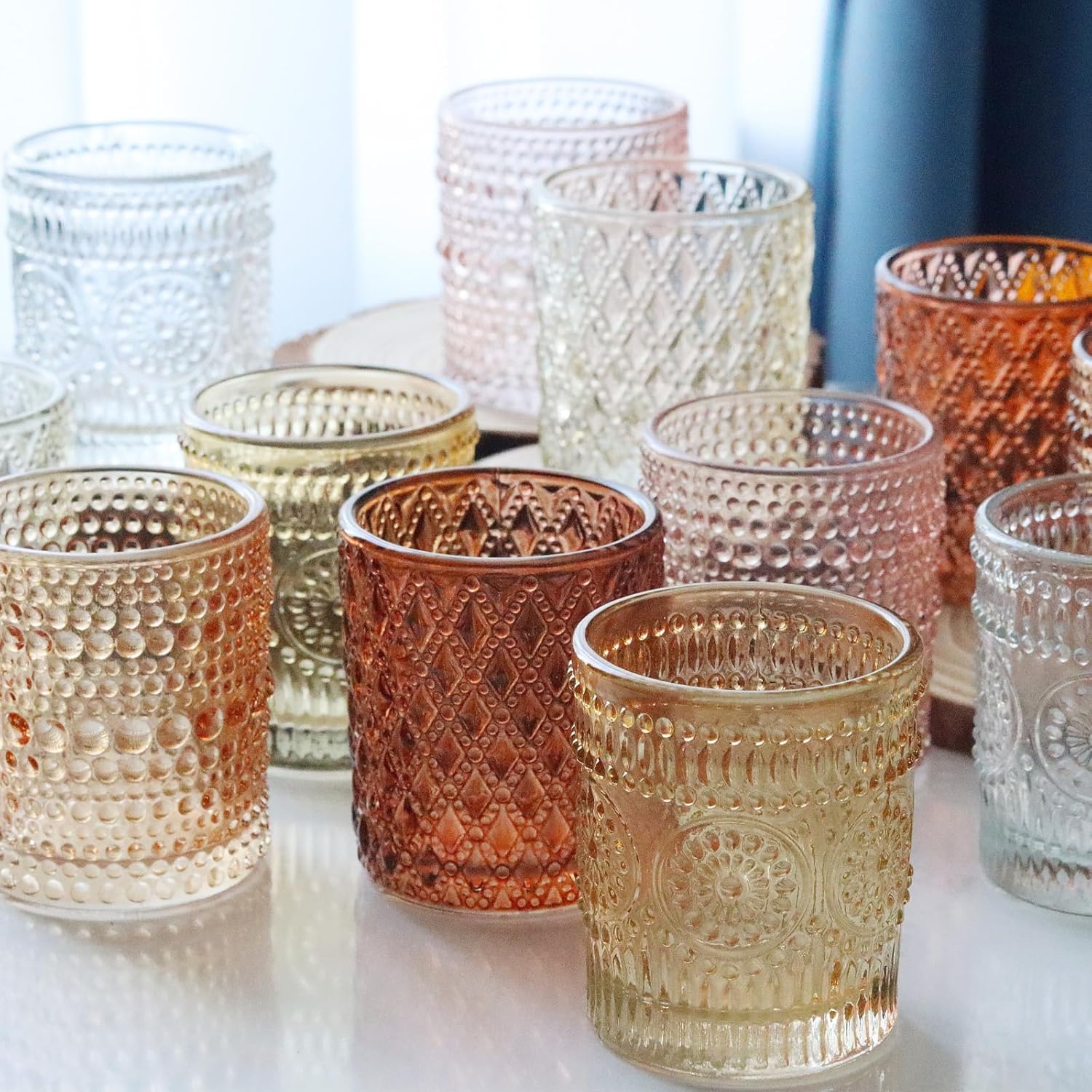 24 portavelas votivas de otoño, 6 colores, 3 patrones, portavelas para mesa de boda, centro de mesa, decoración de fiesta de cumpleaños